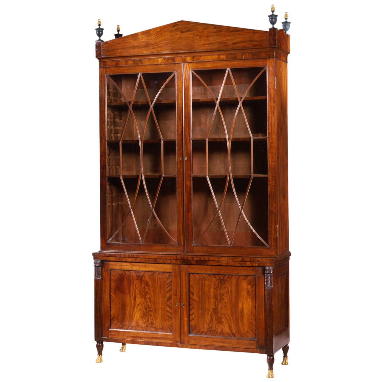 Federal Carved Mahogany Bookcase with Brass Paw Feet, circa 1805-1810 For Sale