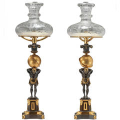 Antique Pair of Lacquered Brass Figural Sinumbra Argand Lamps, circa 1835