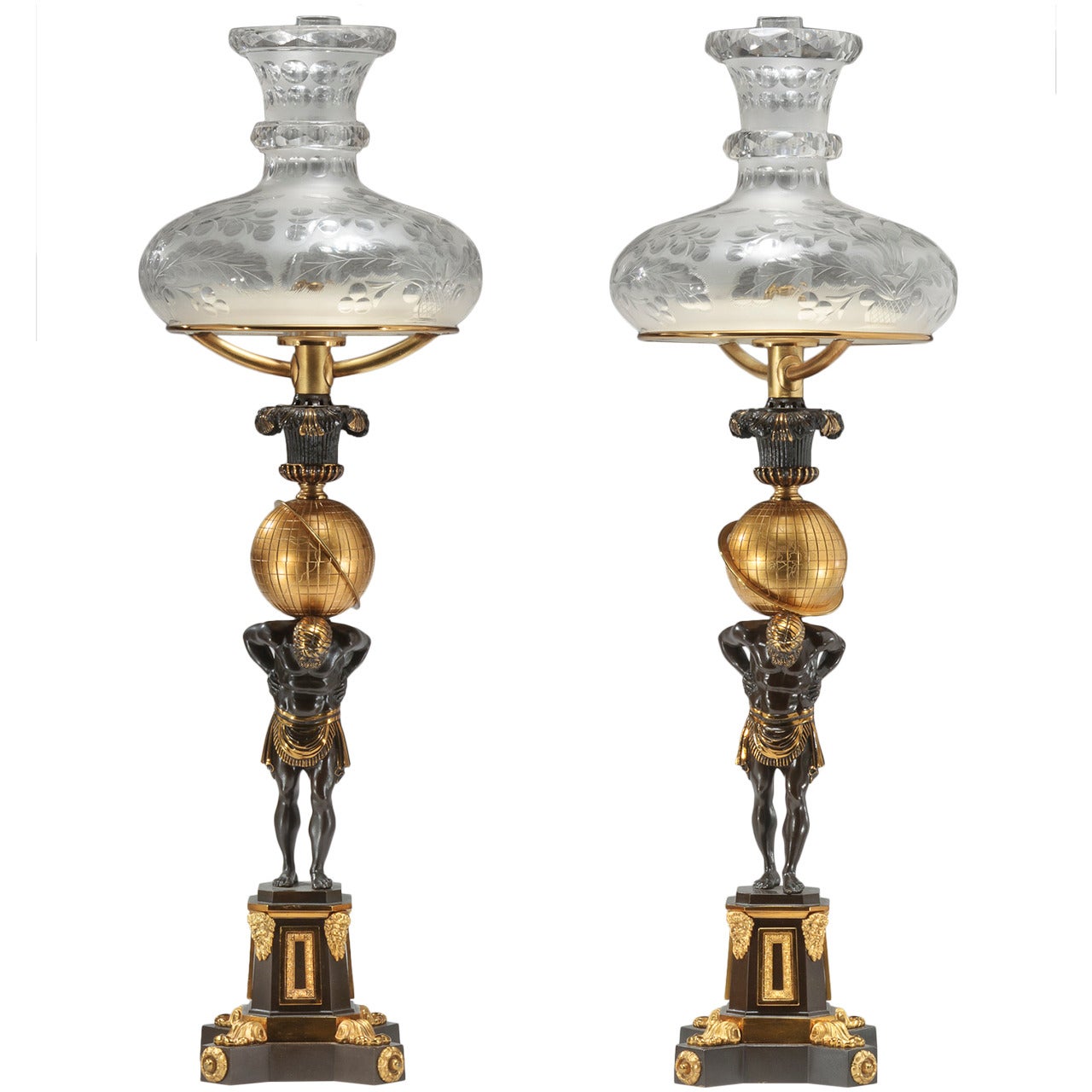Pair of Lacquered Brass Figural Sinumbra Argand Lamps, circa 1835