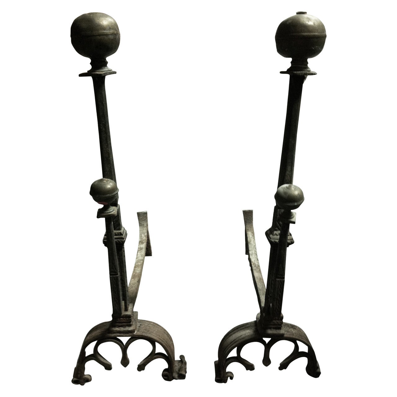 Pair of Wrought Iron and Brass Andirons, circa 1740 For Sale