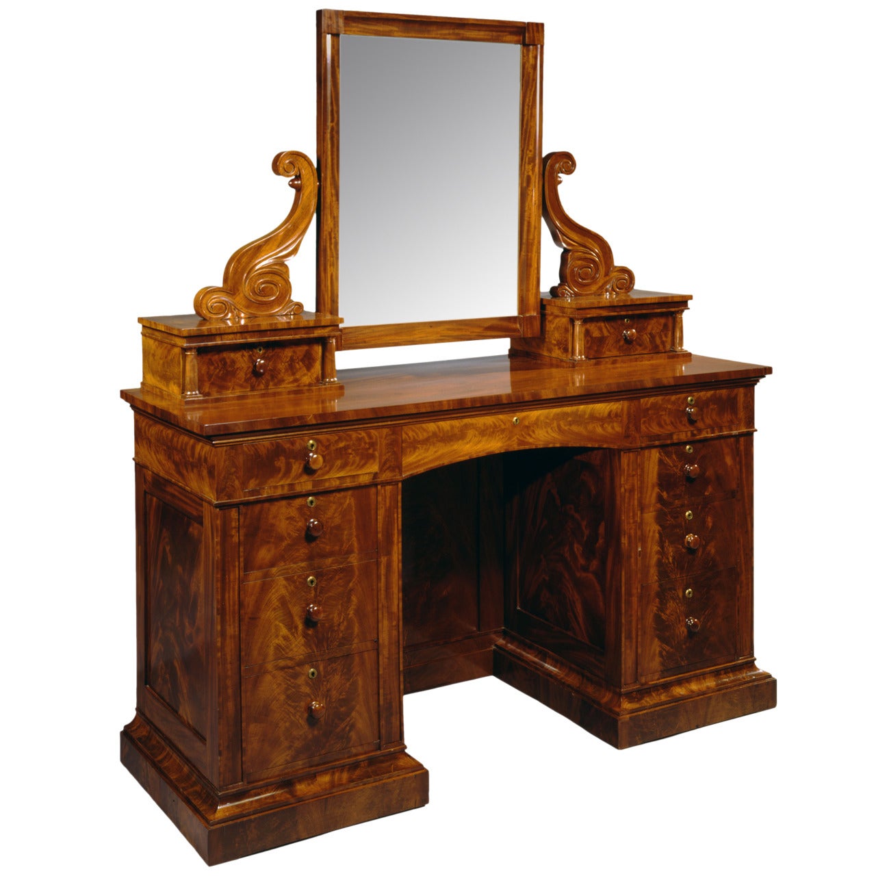 Carved Mahogany Dressing Bureau with Attached Mirror, circa 1830 For Sale