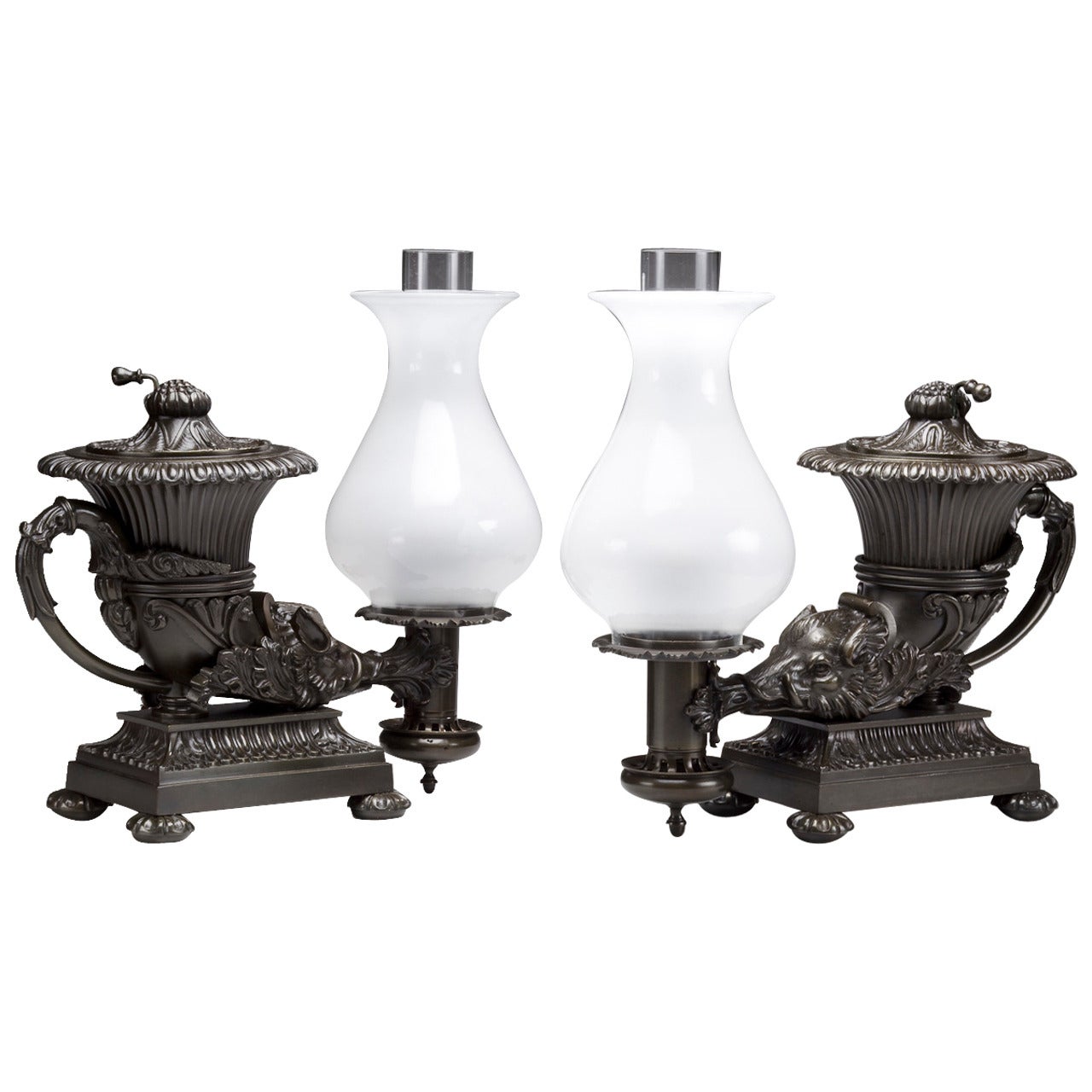 Two William IV Bronze Argand Lamps in the Form of Ancient Rhytons, circa 1835