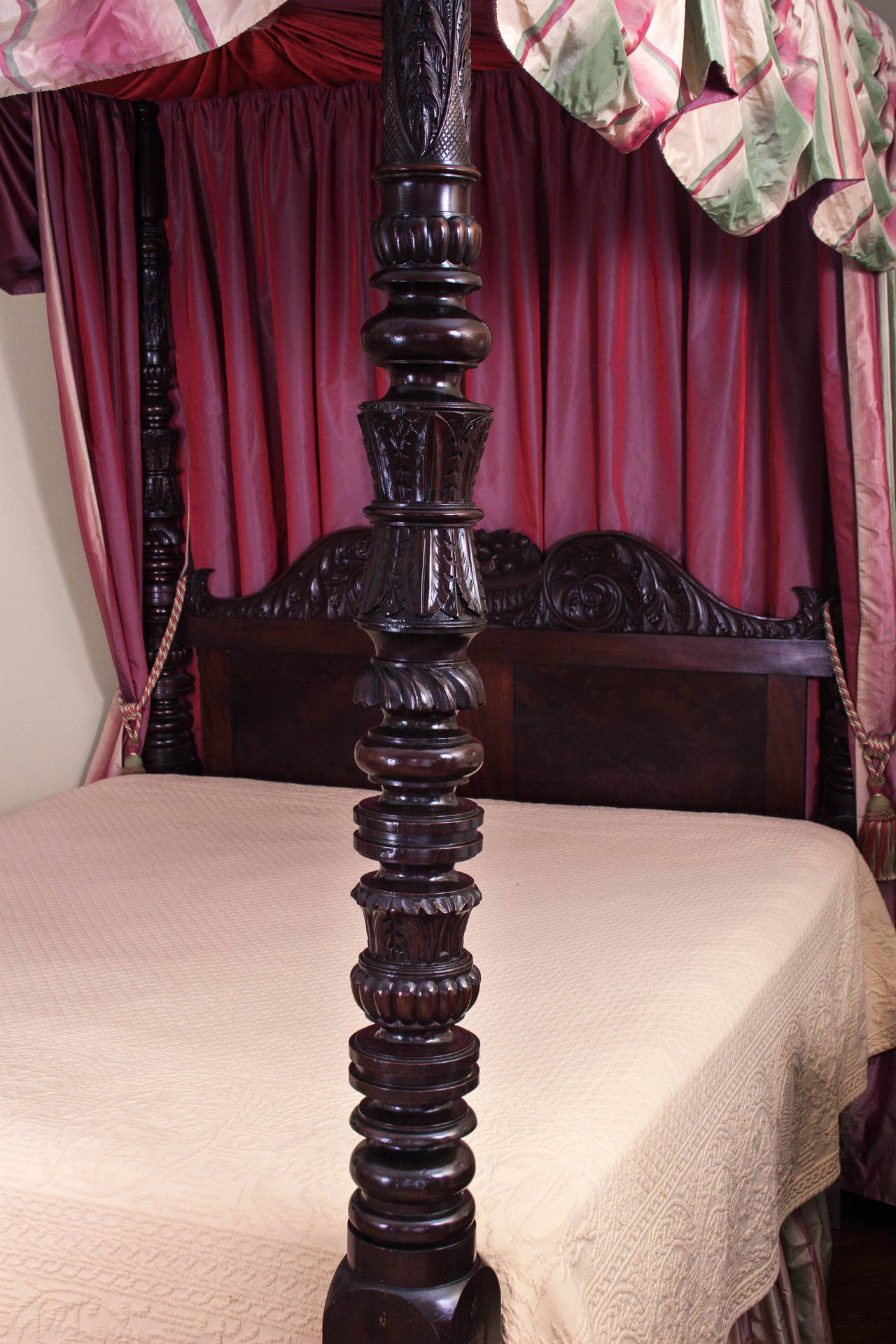 American Classical Monumental Carved Mahogany Tester Bedstead