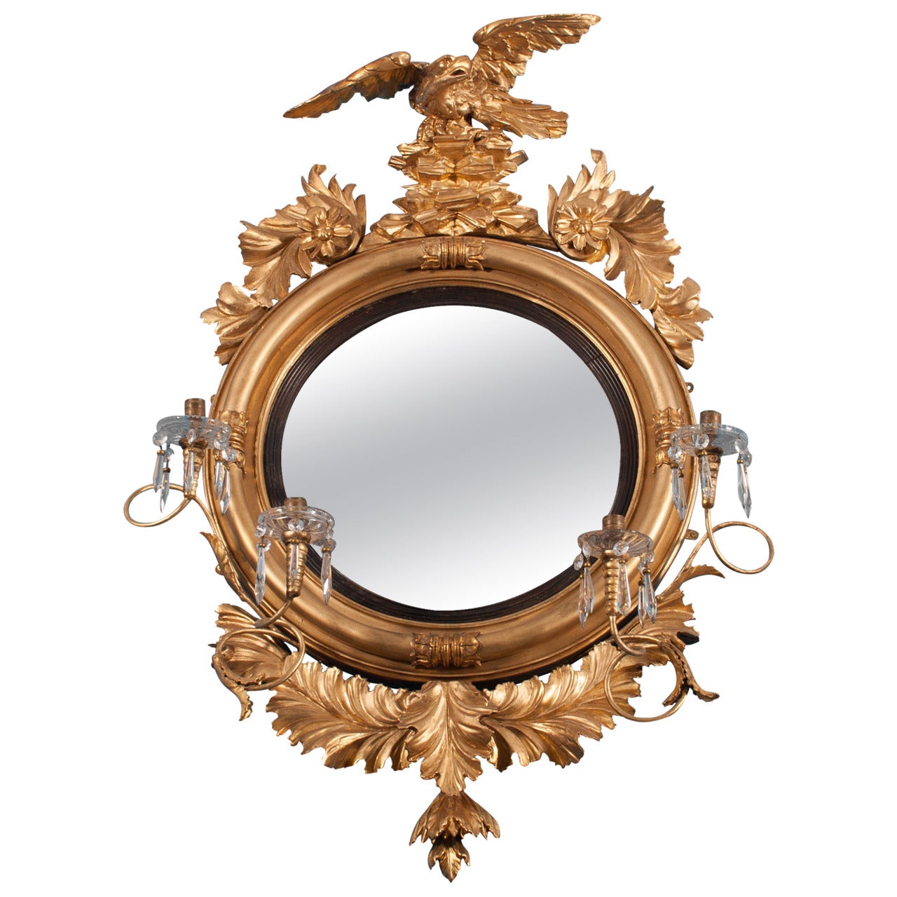 Carved Giltwood Convex Girandole Mirror For Sale