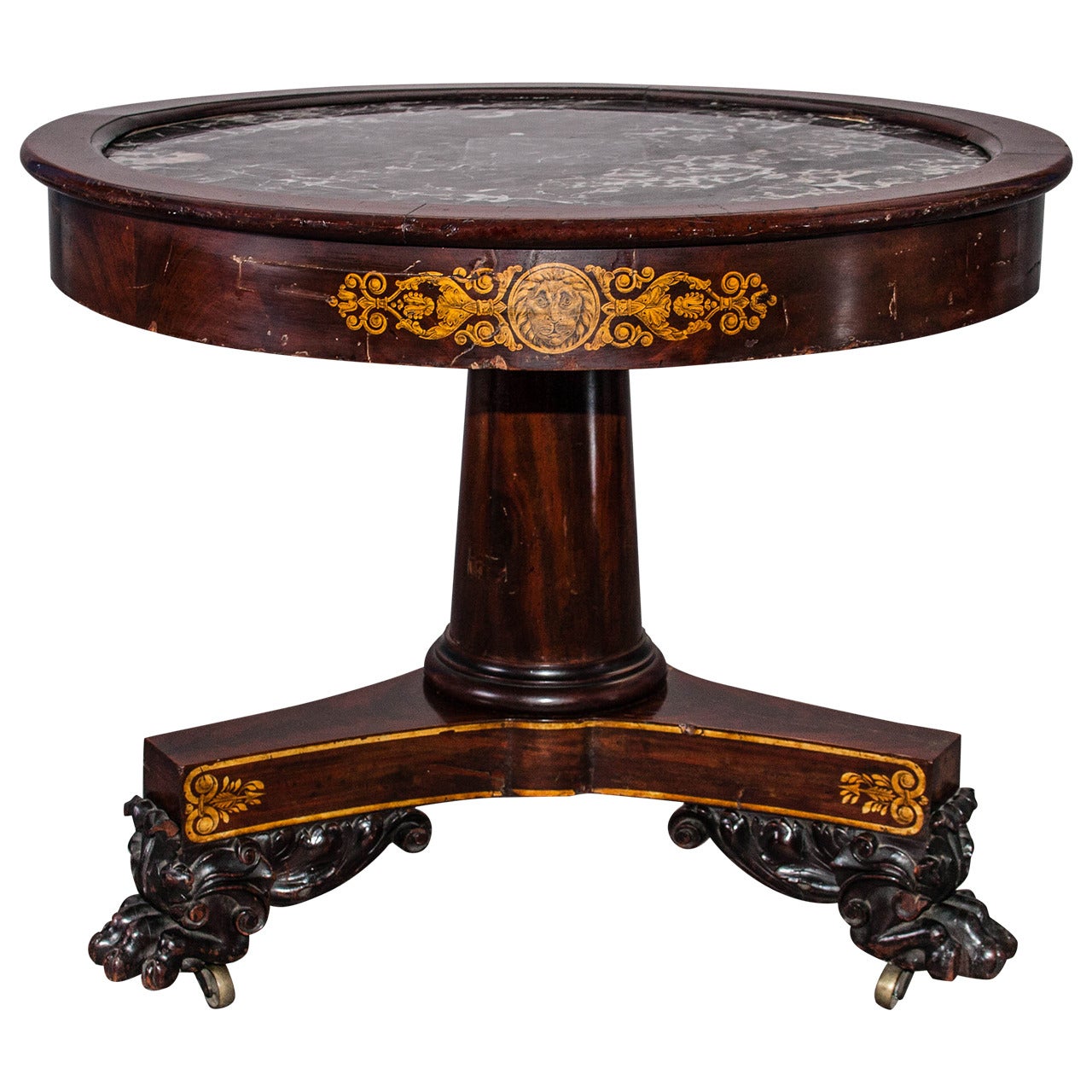 Classical Carved and Gilt Stencilled Mahogany Center Table For Sale