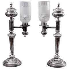 Antique Pair of Sheffield Plate Argand Lamps, circa 1811