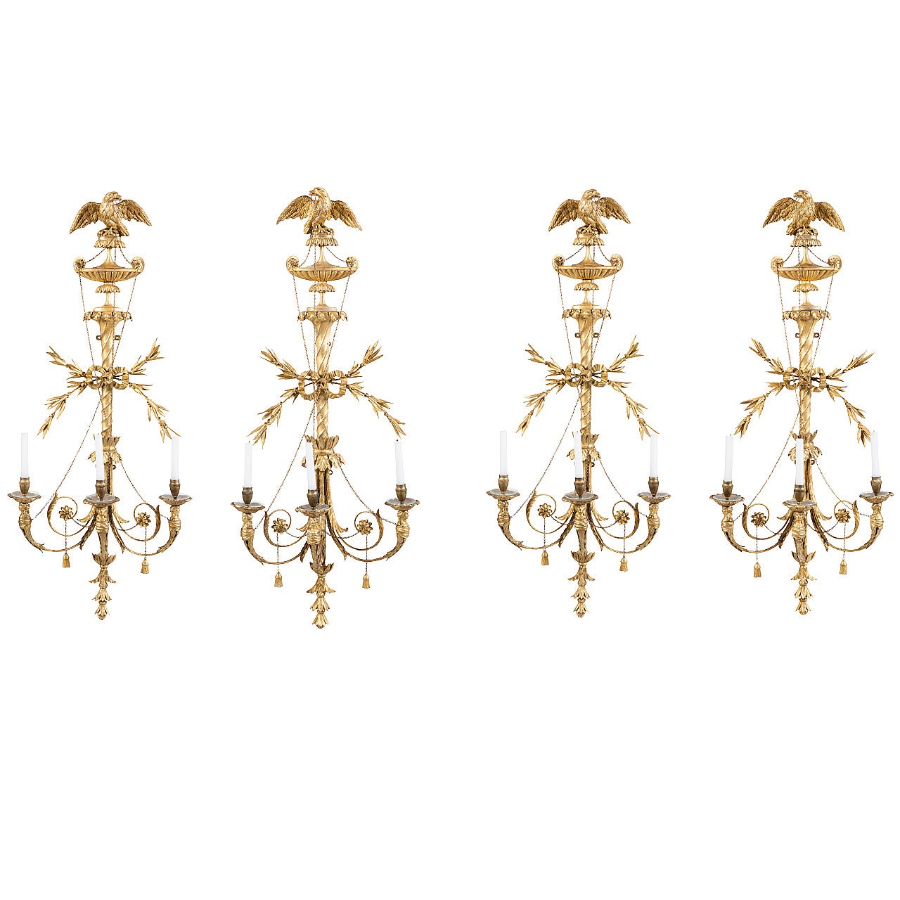 Set of Four Giltwood Three-Light Wall Appliques with Eagles For Sale