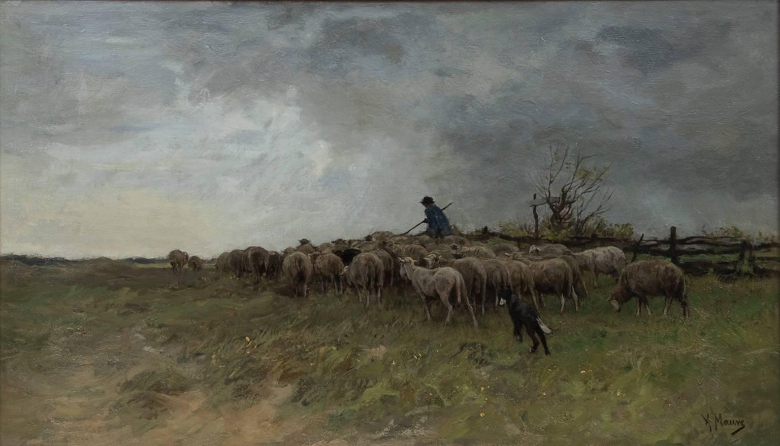 Anton Mauve Animal Painting - Landscape with shepherd and a flock of sheep
