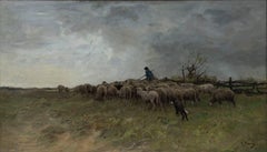 Landscape with shepherd and a flock of sheep