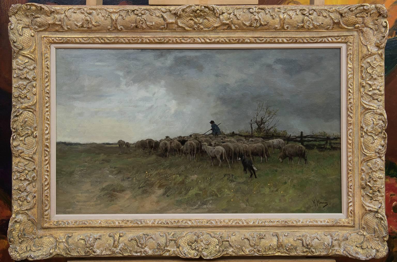 Landscape with shepherd and a flock of sheep - Painting by Anton Mauve