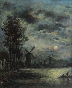 Windmills along a river by moonlight