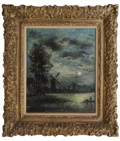 Windmills along a river by moonlight