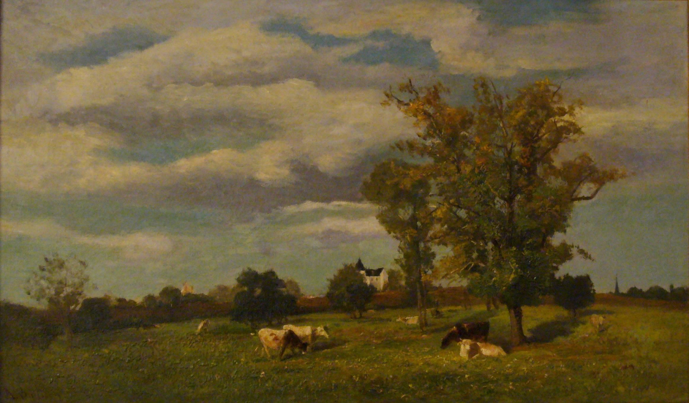 Jacques Alfred Brielman Landscape Painting - Vaches dans un paysage de printemps près d'un chateau - 19th Century Landscape 