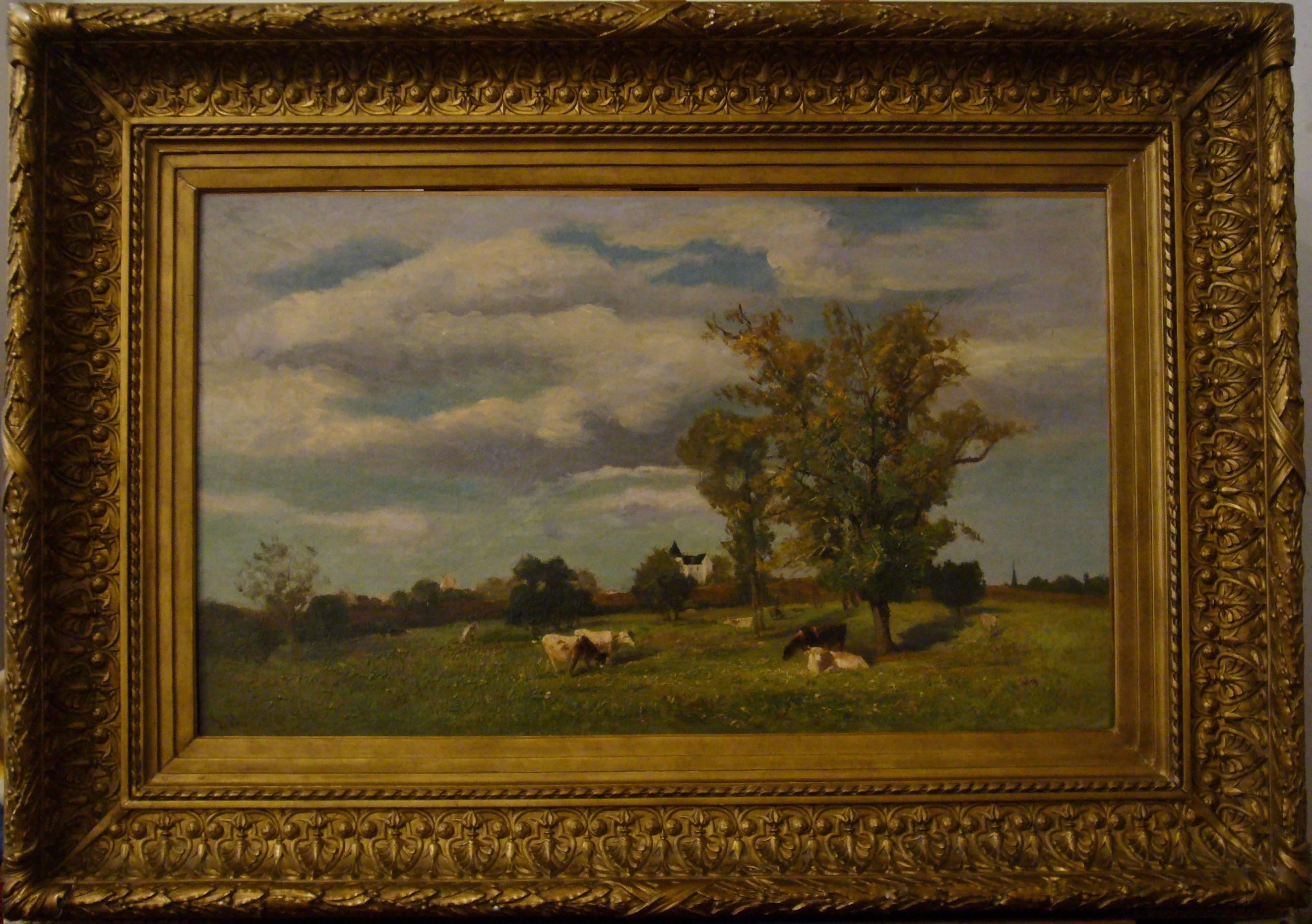 Vaches dans un paysage de printemps près d'un chateau - 19th Century Landscape  - Painting by Jacques Alfred Brielman