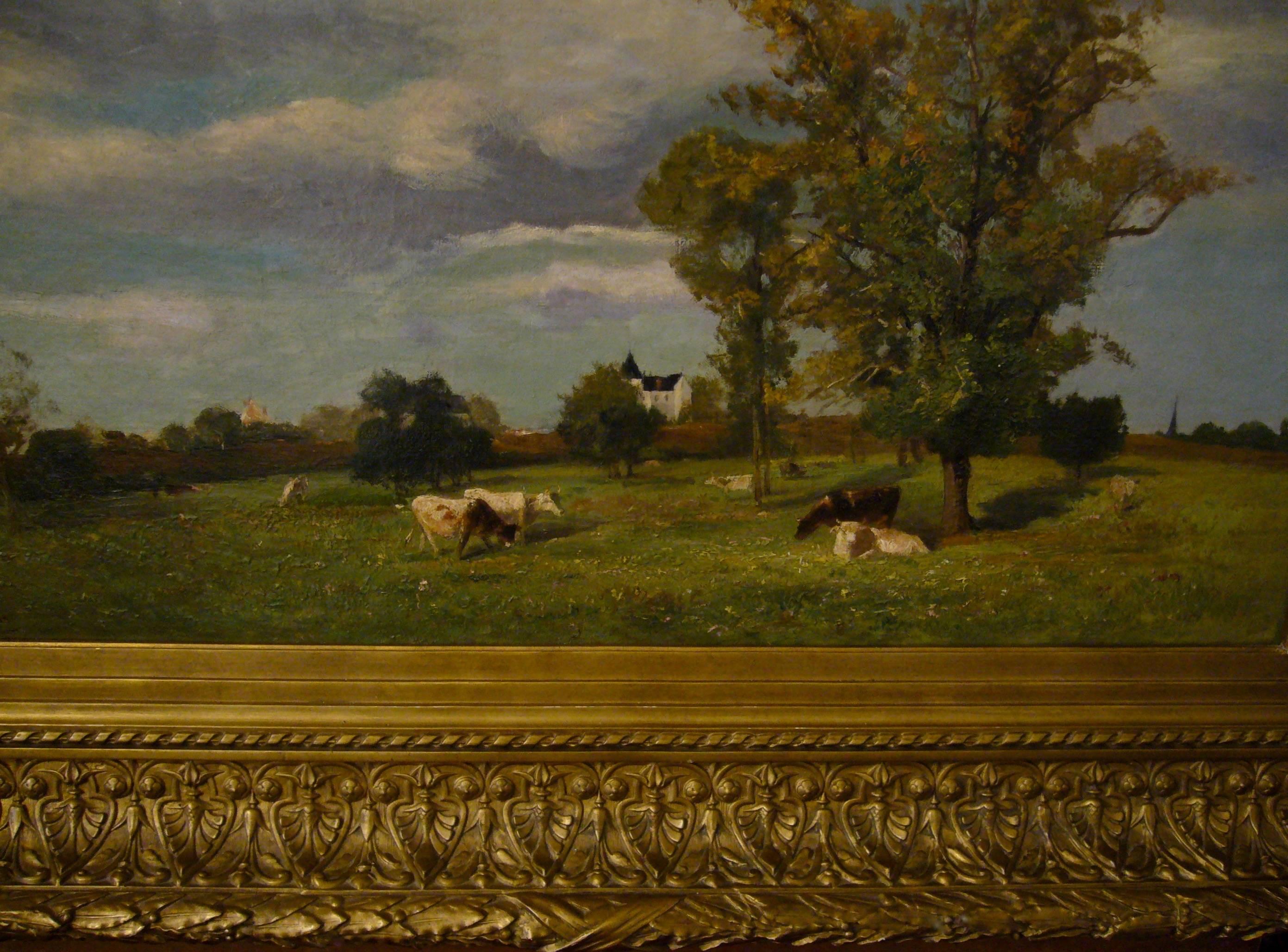 Vaches dans un paysage de printemps près d'un chateau - 19th Century Landscape  - Barbizon School Painting by Jacques Alfred Brielman