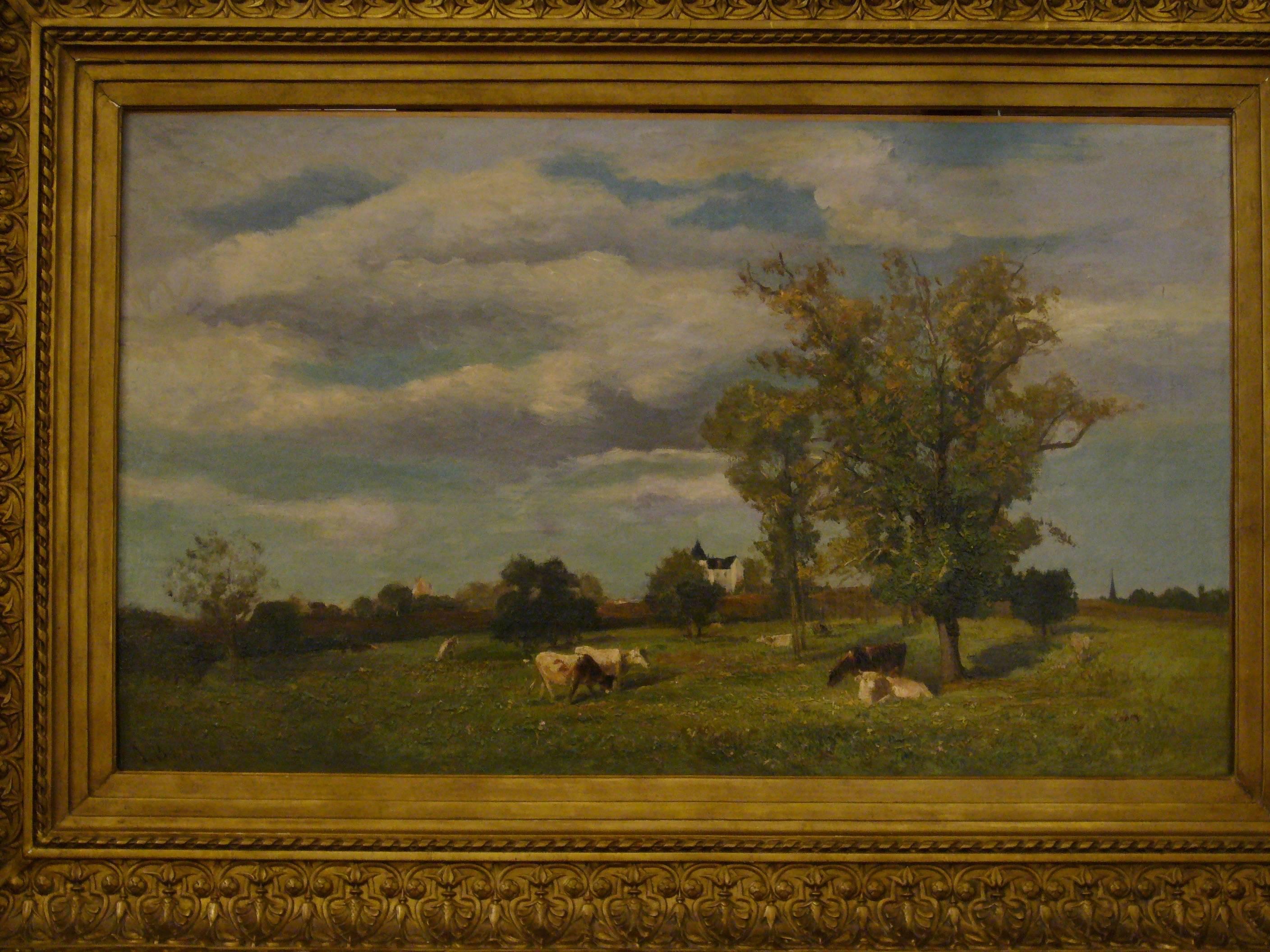 Vaches dans un paysage de printemps près d'un chateau - 19th Century Landscape  For Sale 1