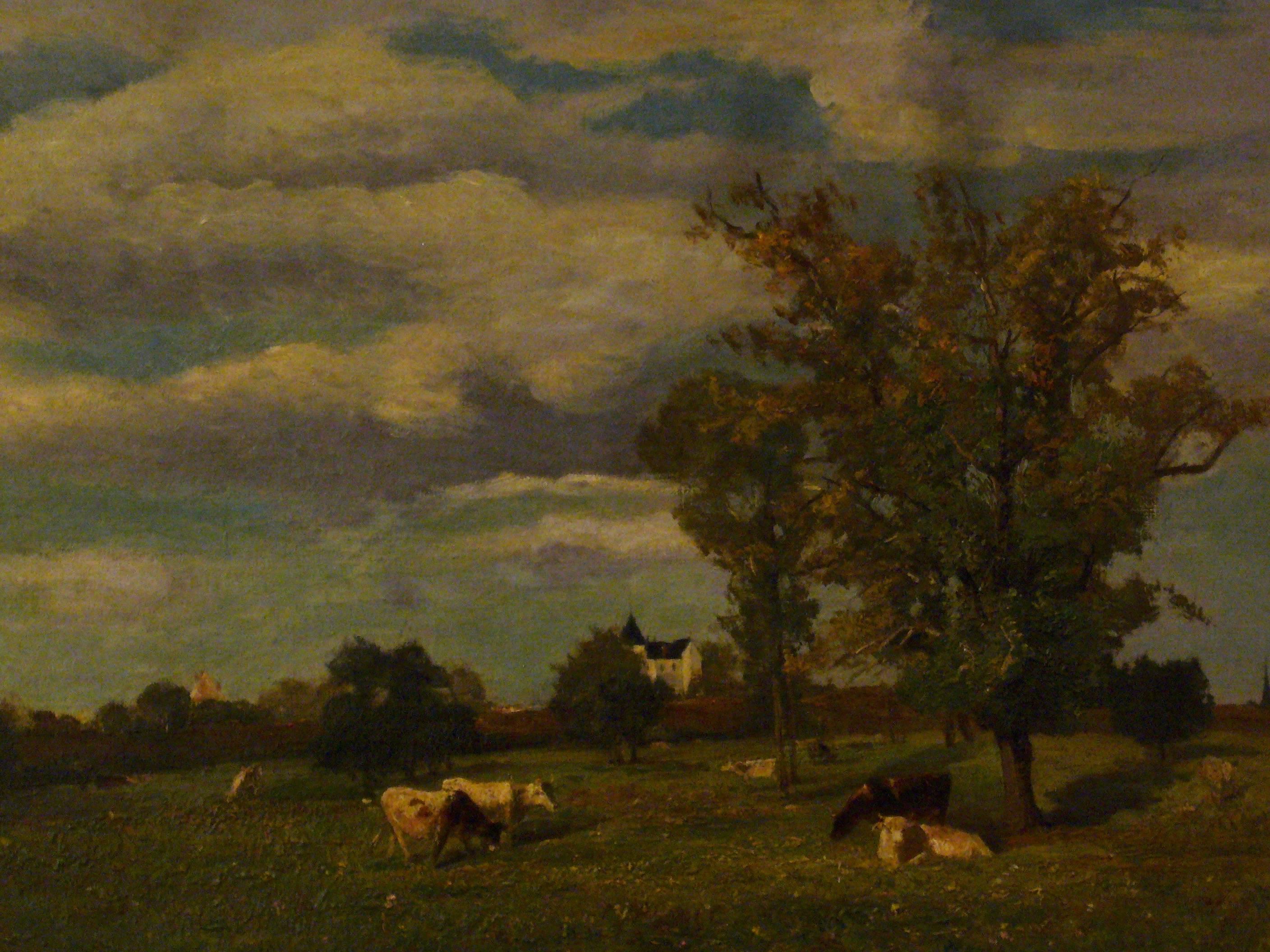 Vaches dans un paysage de printemps près d'un chateau - 19th Century Landscape  For Sale 2