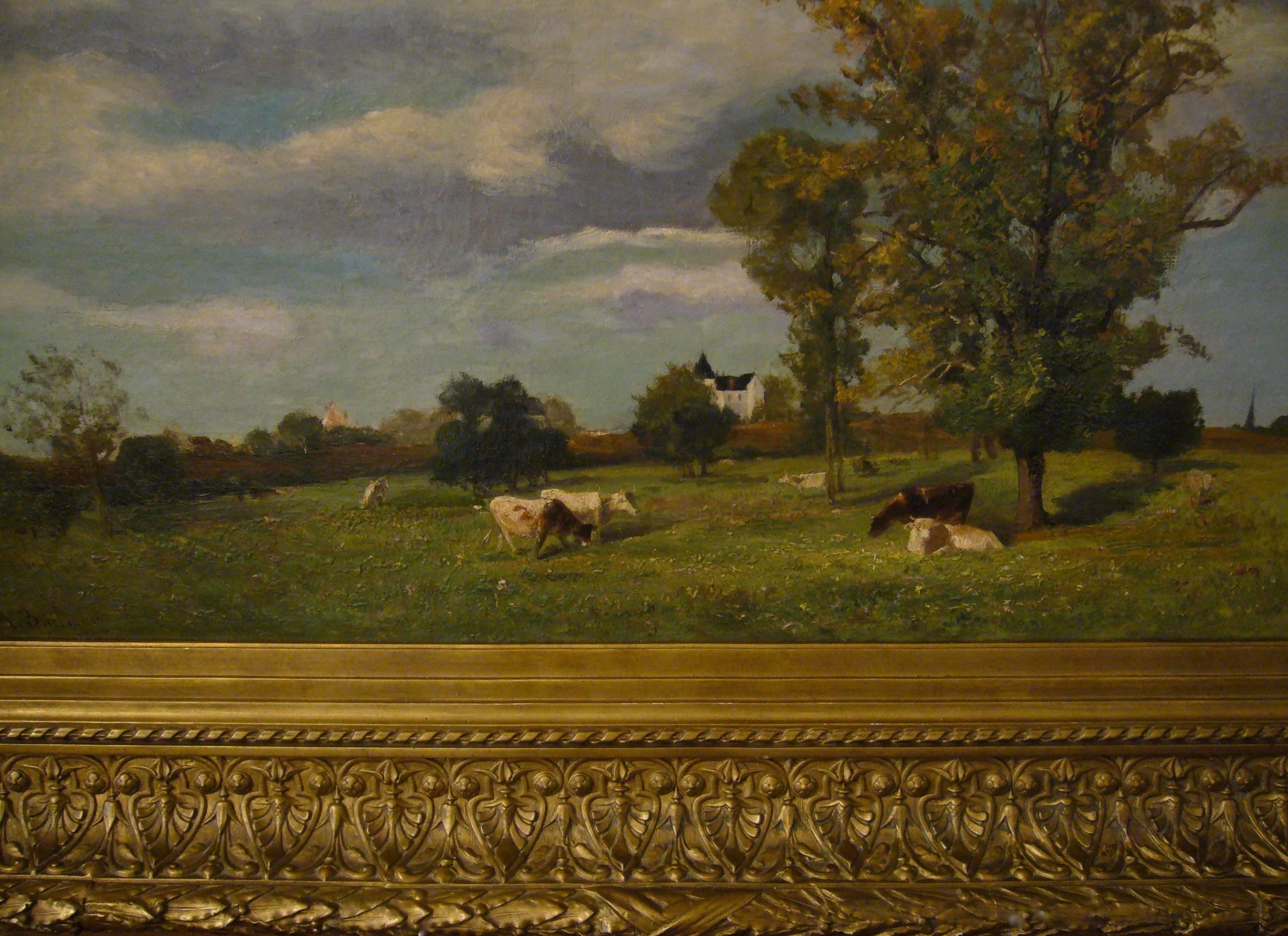Vaches dans un paysage de printemps près d'un chateau - 19th Century Landscape  For Sale 4