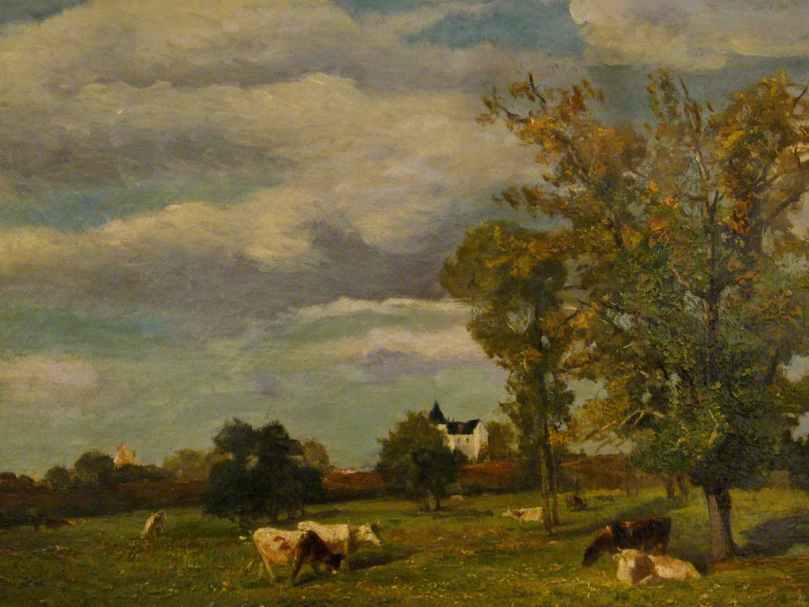 Vaches dans un paysage de printemps près d'un chateau - 19th Century Landscape  For Sale 7