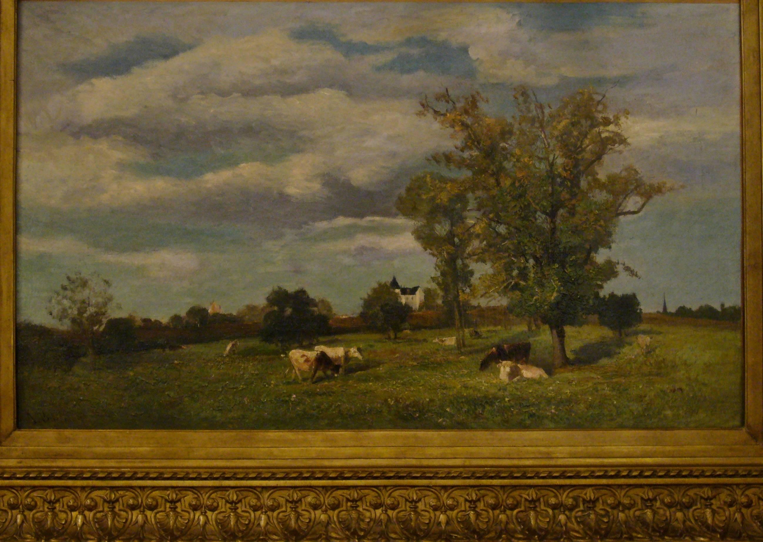Vaches dans un paysage de printemps près d'un chateau - 19th Century Landscape  For Sale 9