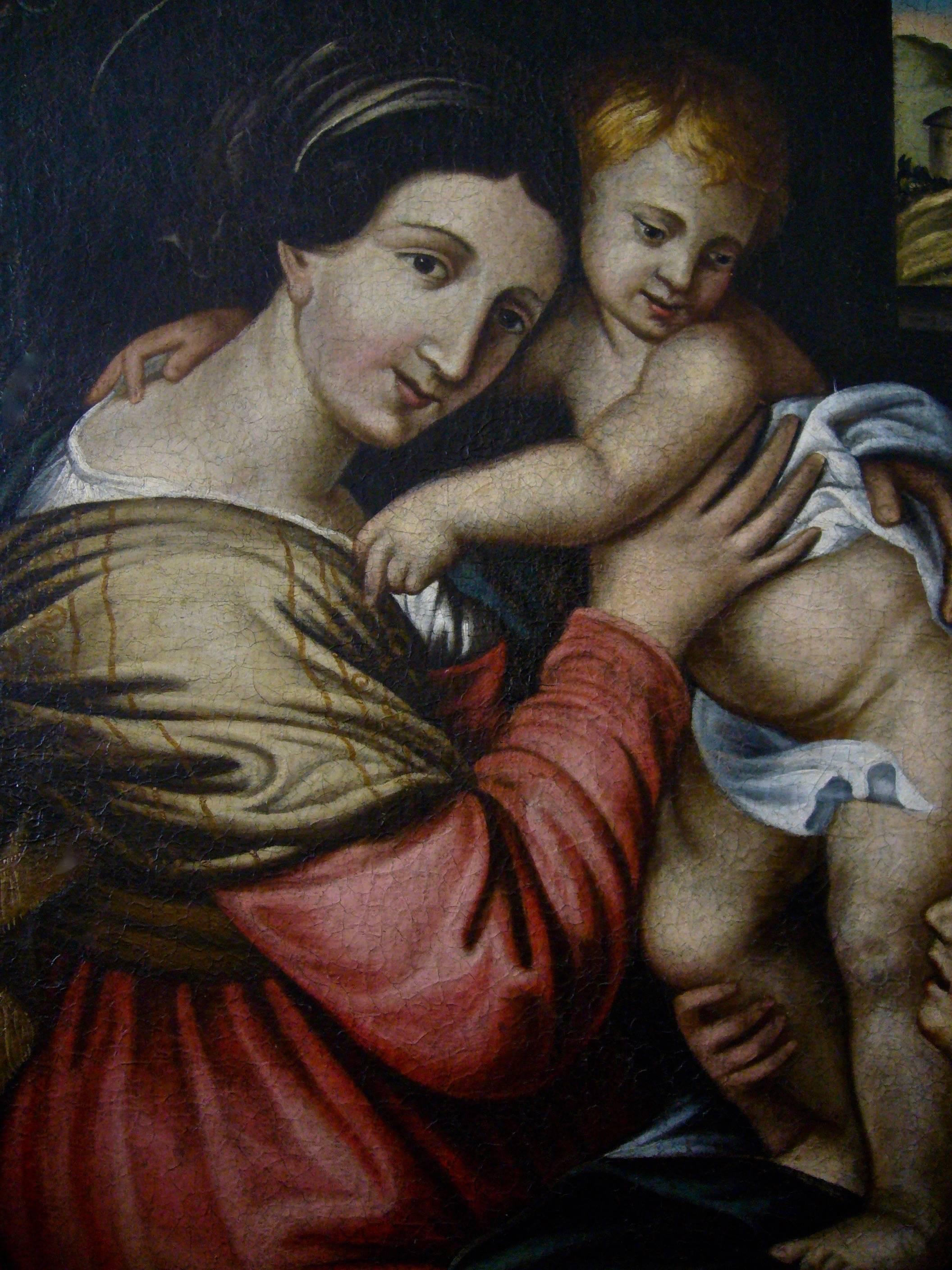 Madonna con Gesù Bambino e San Giovanni Battista - Madonna with Christ Child 

Madonna con Gesù Bambino e San Giovanni Battista, c. 1651 
(Madonna with the Christ Child and John the Baptist) 
Italian Baroque Old Master Oil on Canvas

Circle of