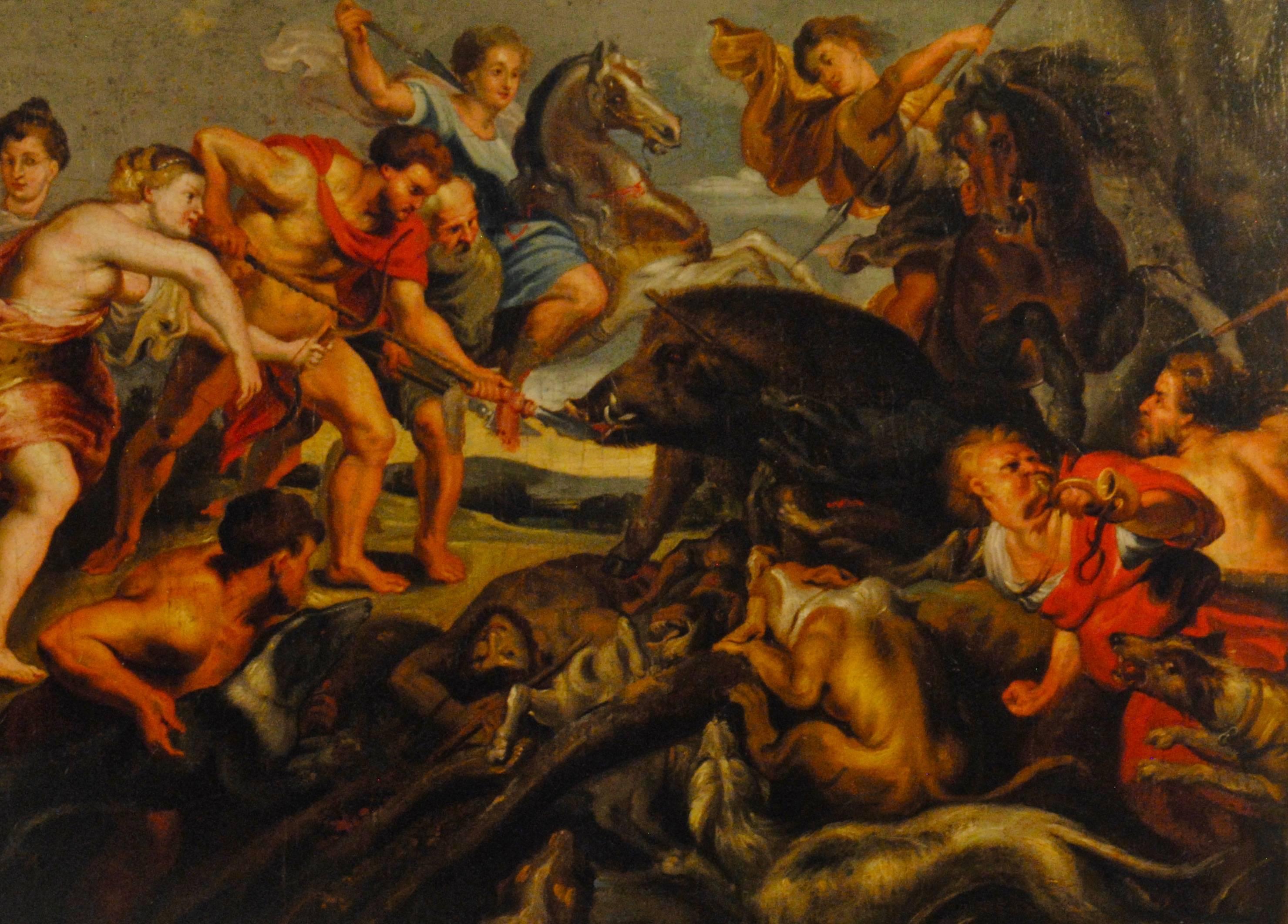 The Hunting of the Calydonian Boar  (The Hunt of Meleagros and Atalanta)

The Hunting of the Calydonian Boar,  suiveur de Peter Paul Rubens, 

Flemish Baroque Old Master oil on original canvas, c. 1630

The Calydonian Boar Hunt was painted by Rubens