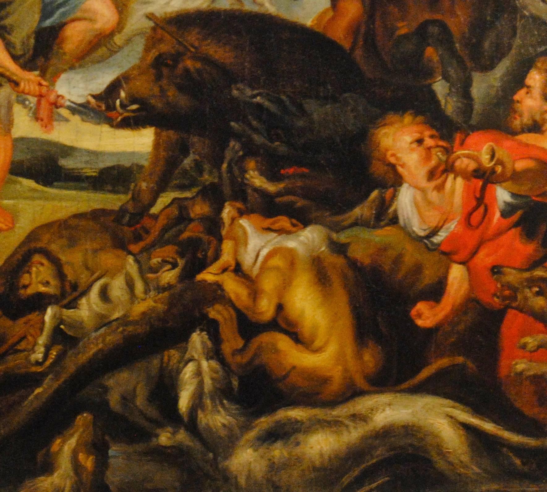 The Hunting of the Calydonian Boar - 17th Century Figurative Oil Painting For Sale 3