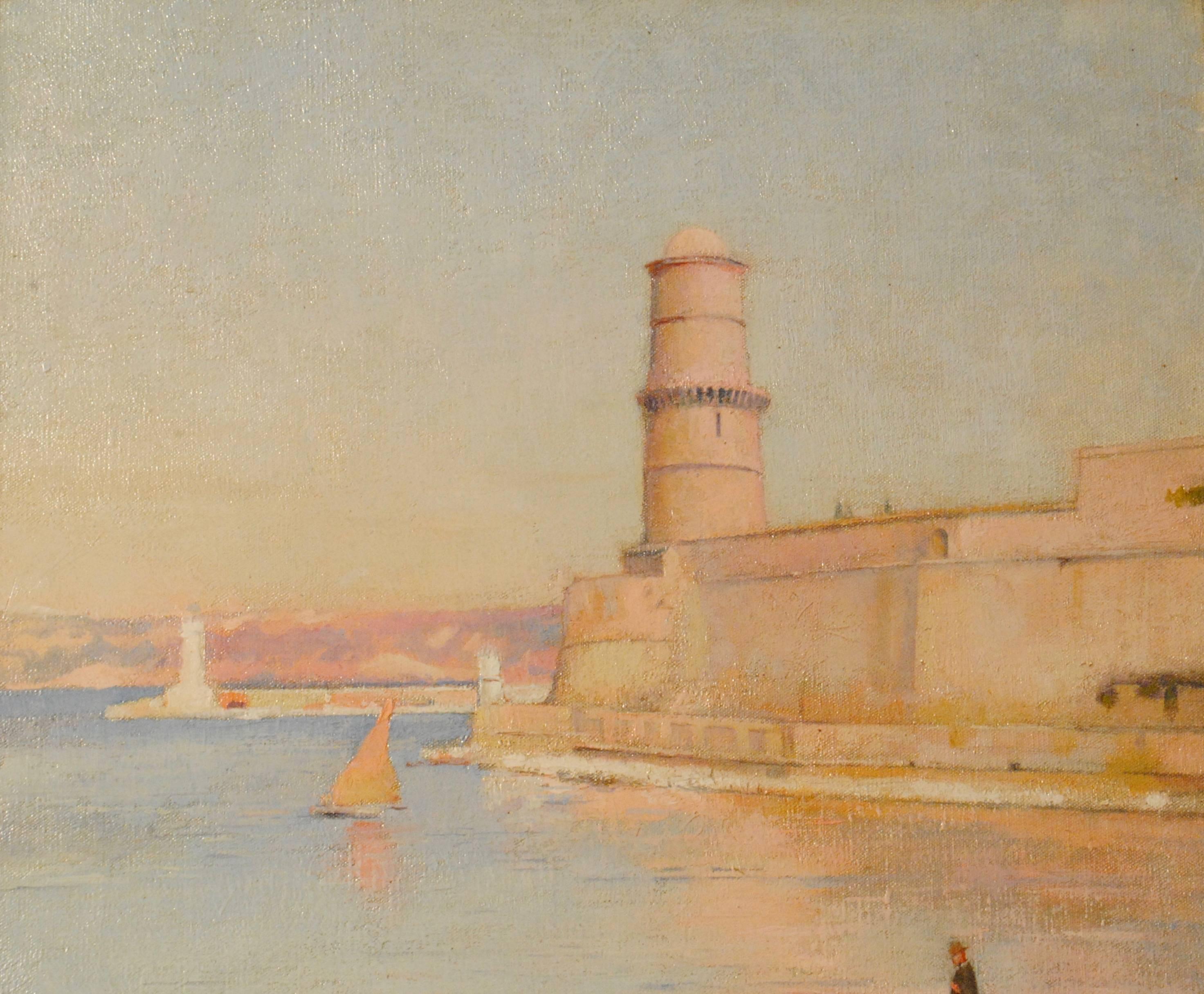 Ensoleillé matin au Phare de Marseille - 19th Century Landscape Painting  For Sale 1