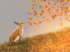 Watch the Leaves, Rabbit, Leaves in the breeze, Golden glow. Signed. Embellished