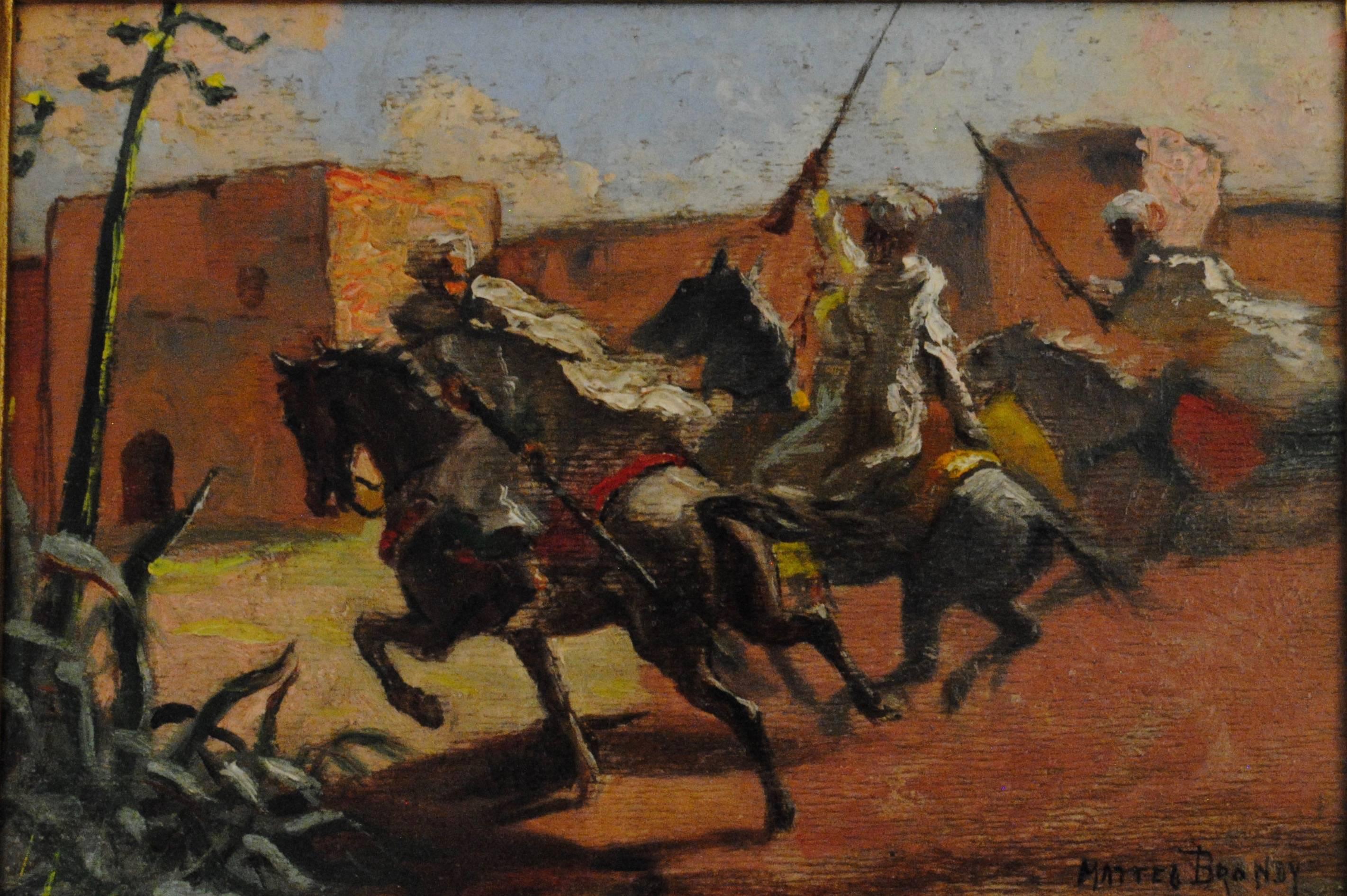 Mattéo Brondy Figurative Painting - Cavaliers arabes aux murs de Marrakech - Early 20th Century, Animal, Painting