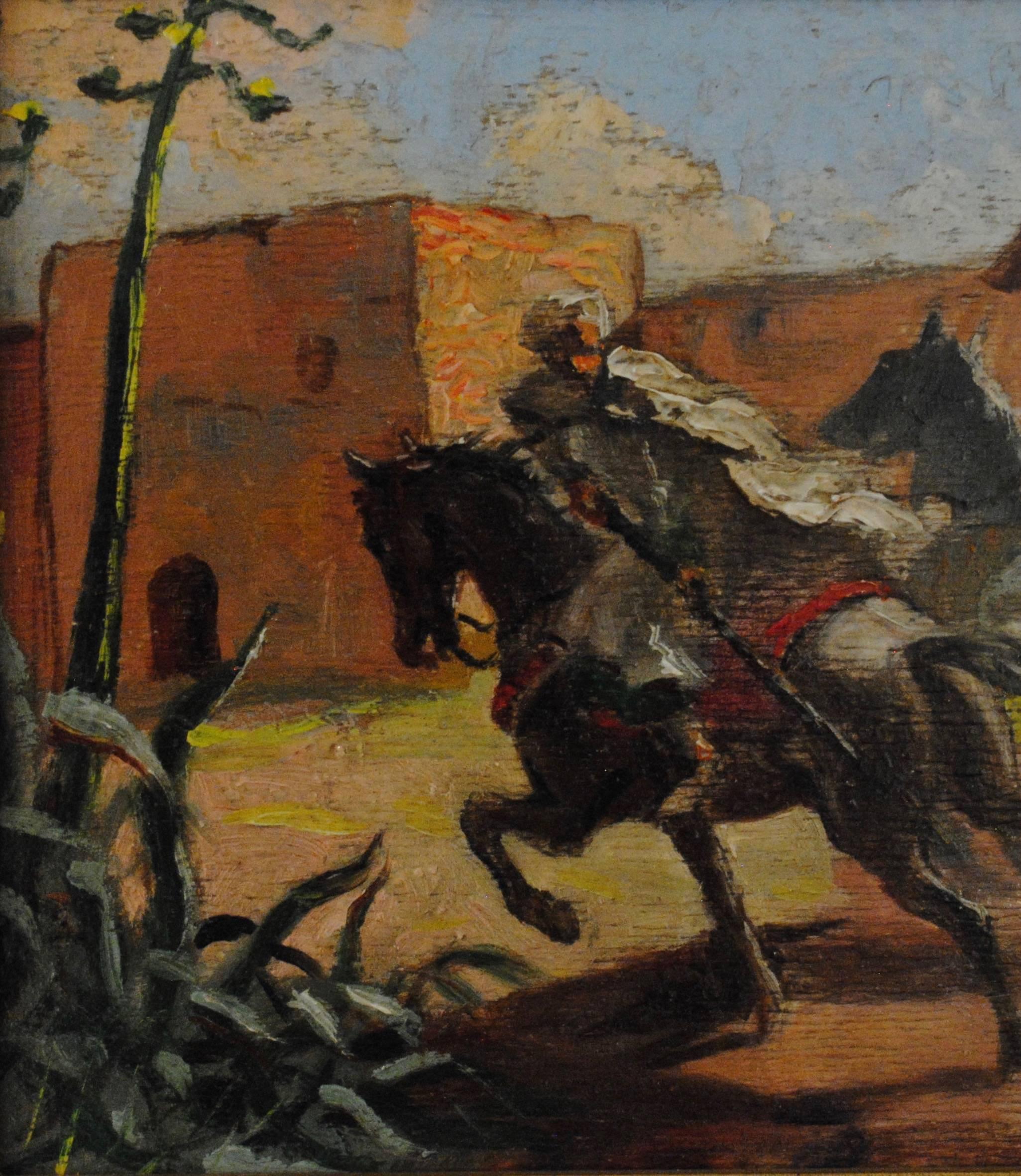 Cavaliers arabes aux murs de Marrakech - Early 20th Century, Animal, Painting For Sale 3