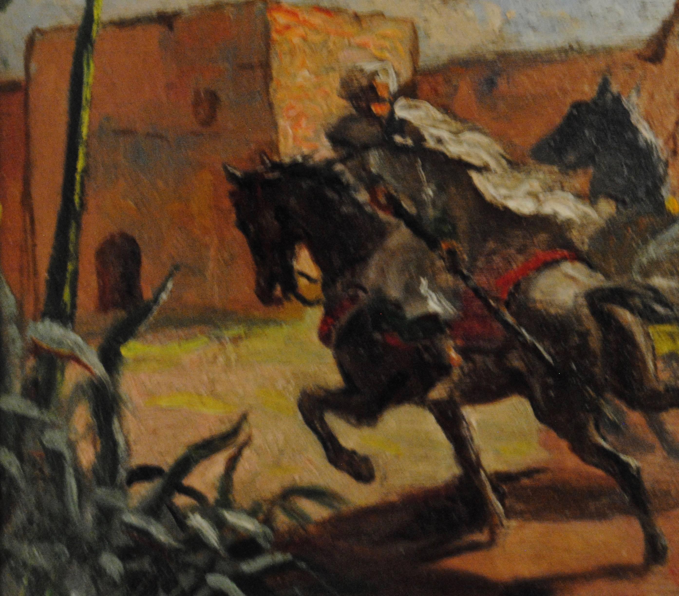 Cavaliers arabes aux murs de Marrakech - Early 20th Century, Animal, Painting For Sale 5