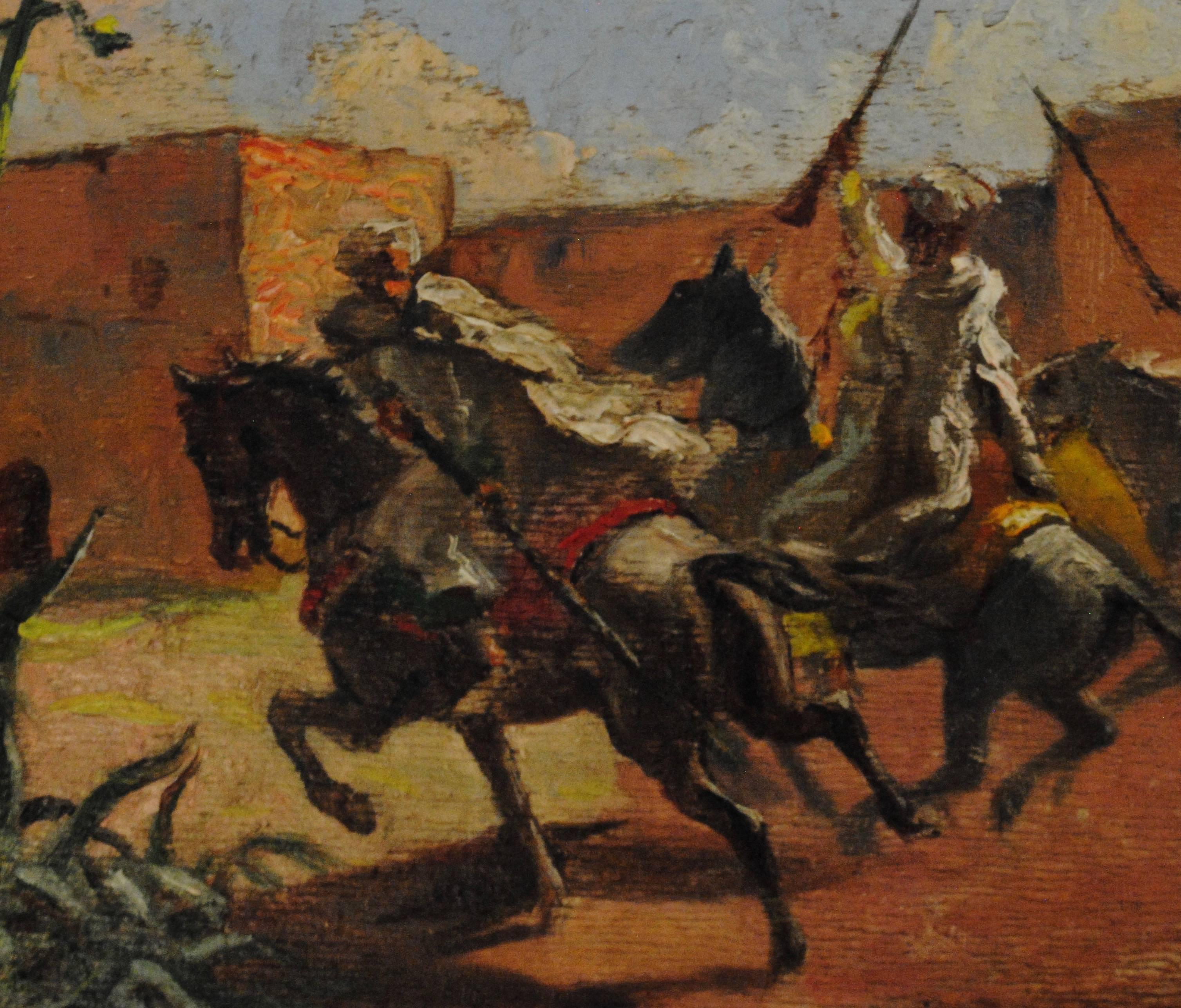 Cavaliers arabes aux murs de Marrakech - Early 20th Century, Animal, Painting For Sale 6