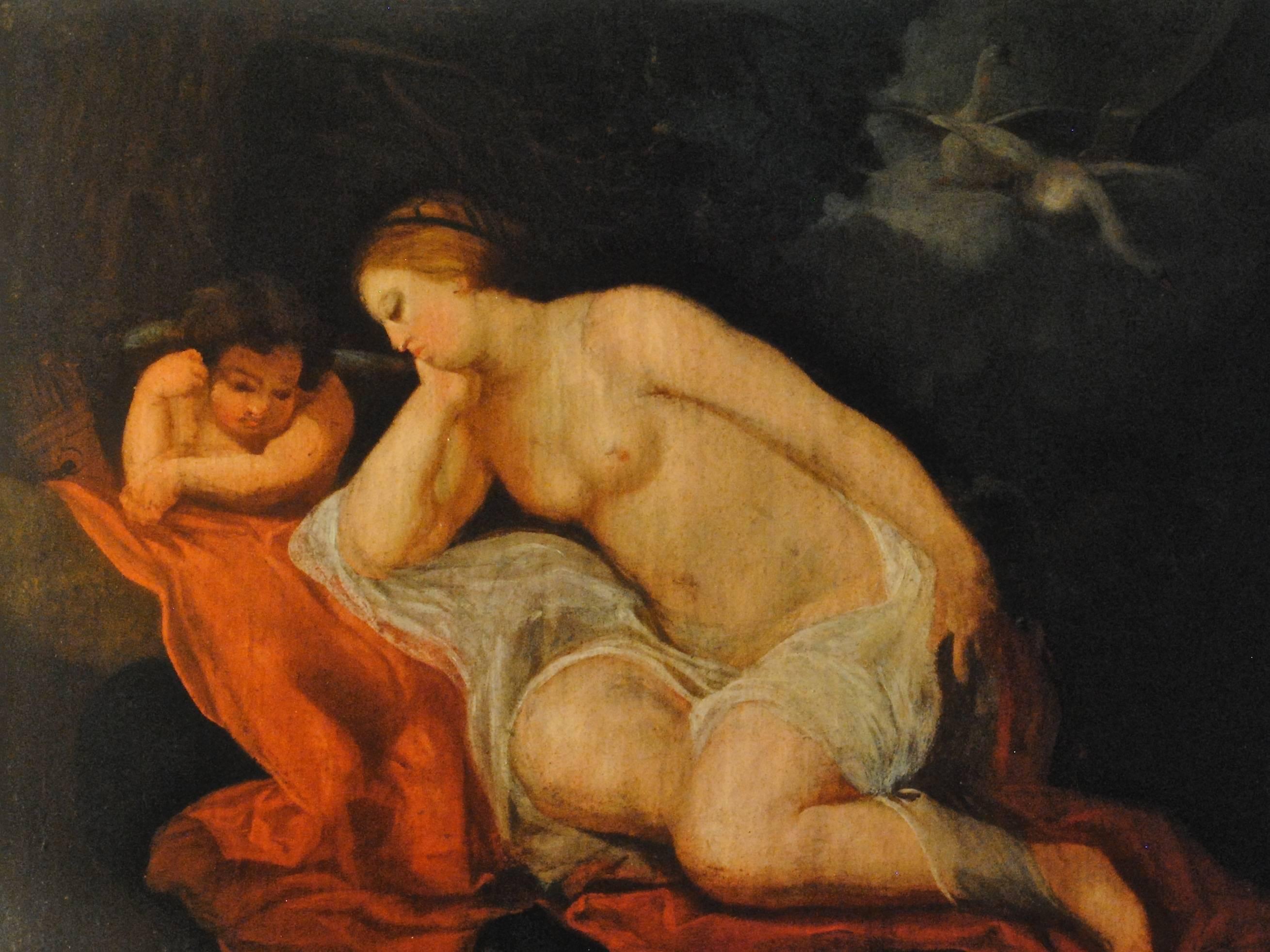 Peter Paul Rubens Figurative Painting - Lida et Cupidon en attente le cigne Zeus - 18th Century, Master, Nude Painting