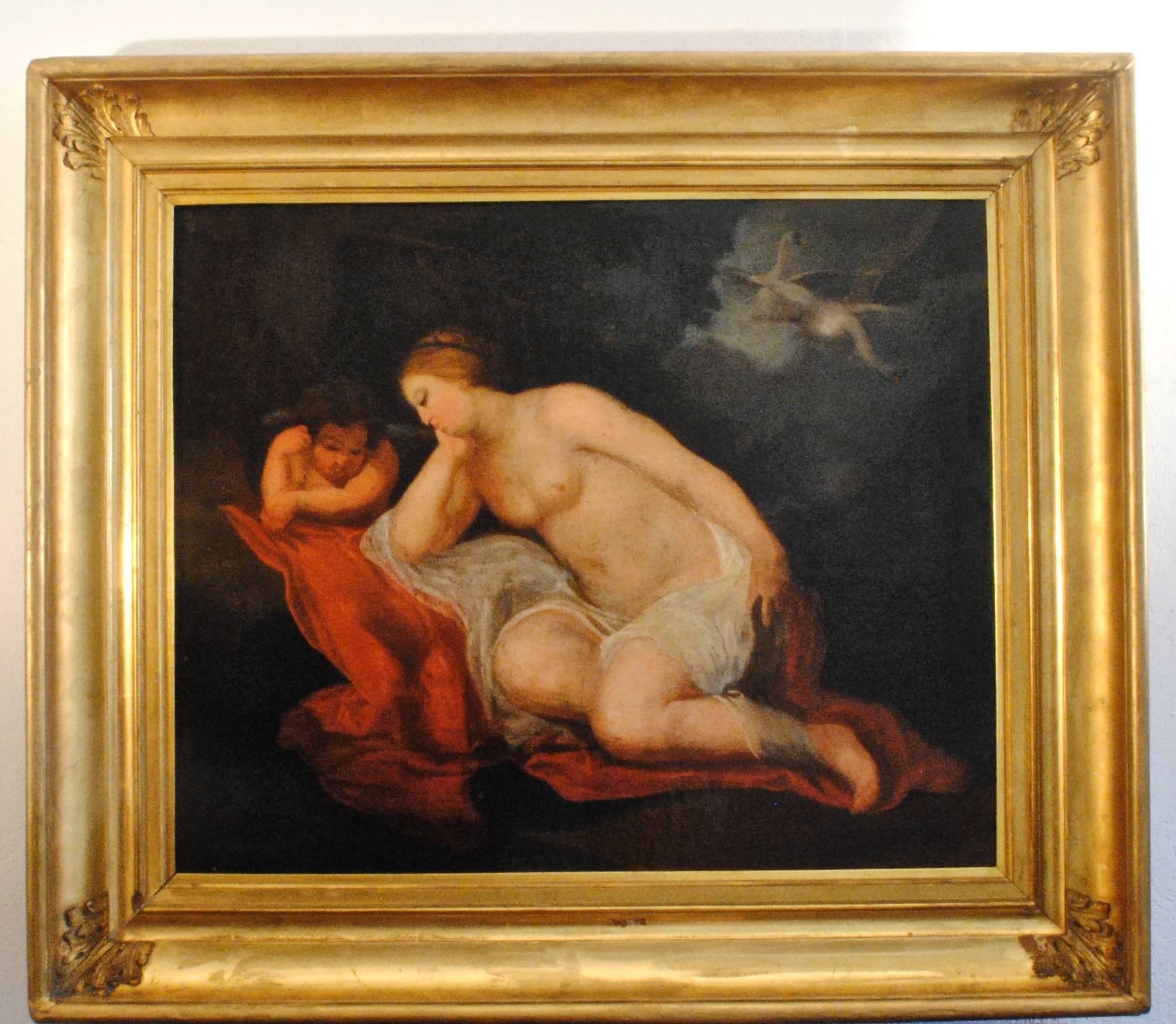 Lida et Cupidon en attente le cigne Zeus - 18th Century, Master, Nude Painting For Sale 4
