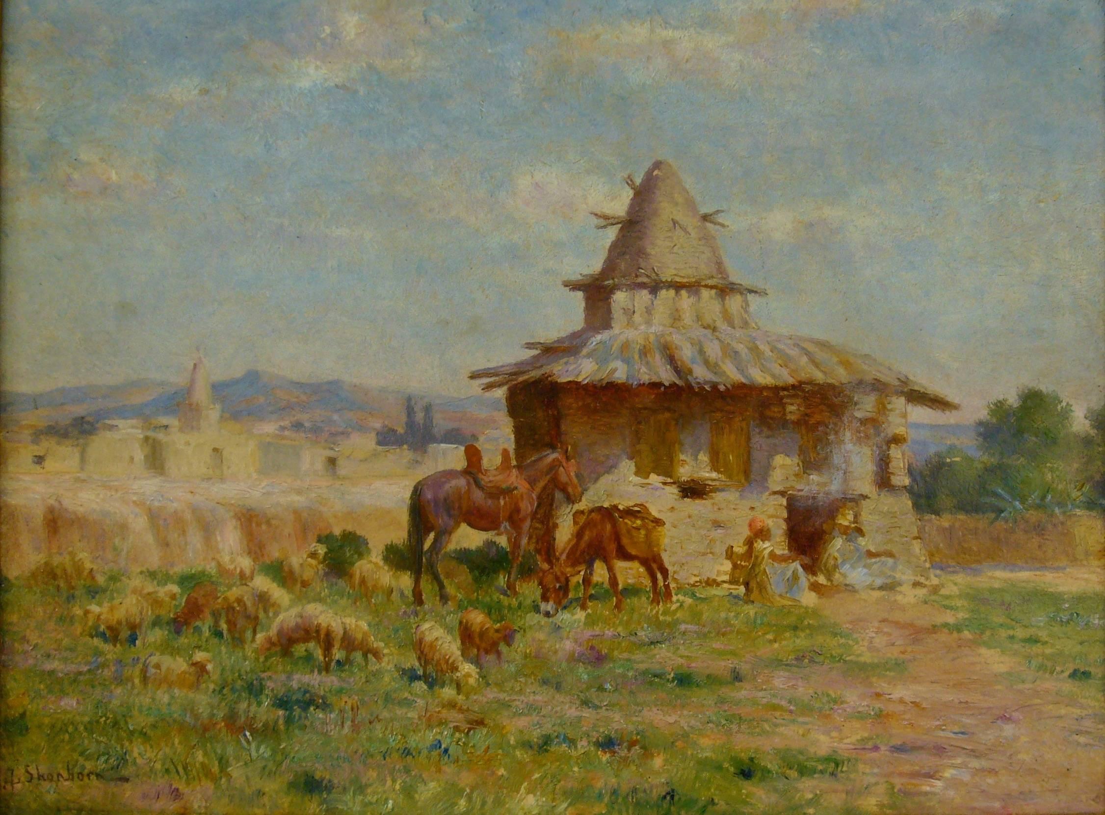 "Cabane de l'ermite algérien de M'Sila"

"Cabane de l'ermite algérien de M'Sila"  ("Hut of Algerian Hermit of M’sila, Algeria")
French/American Orientalist Impressionist Oil on Artist’s Panel, c. 1885

John Lewis Shonborn (1852-1931)

American/