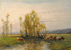 Huit vaches au pâturage par un ruisseau - 19th Century, Oil, Landscape Painting