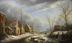 Antique Village Landscape in Winter - 19th Century, Old Master, Oil,  Landscape Painting
