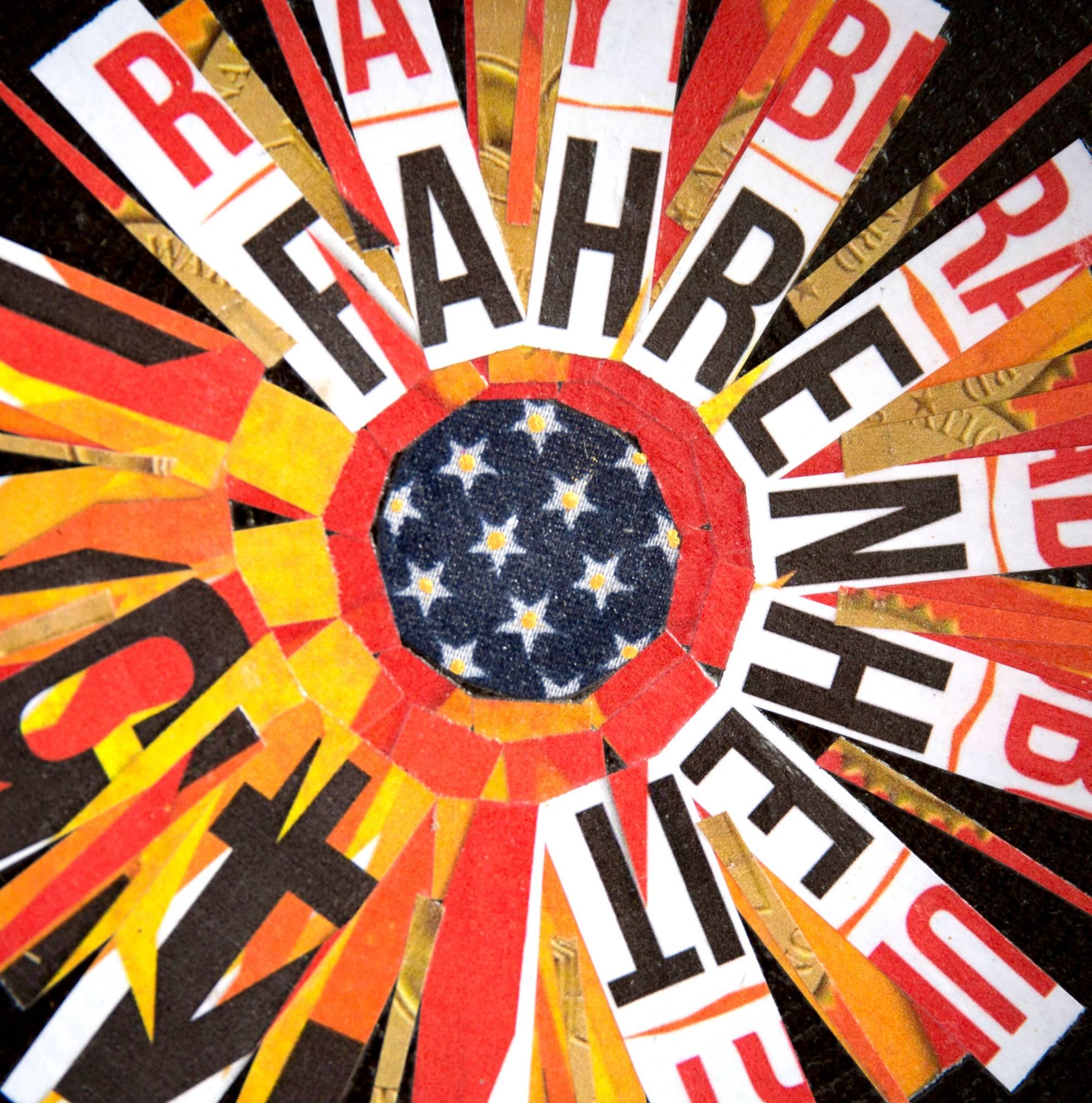 Fire & Fury forms part of a new series of works by Sheldon on dystopian themes. Incorporating elements of a US flag, gold paint, and the disassembled, sliced up cover of Ray Bradbury's classic novel, glued onto a burned frying pan, this collage is a