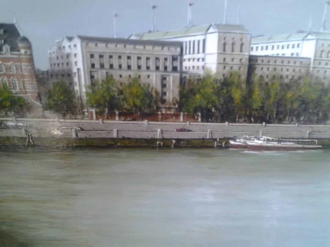 A view of the Houses of Parliament from the south bank towards Waterloo Bridge including old Scotland Yard. Scene shows pleasure  and day trip boats on the Thames. A highly detailed painting with subtle glazing techniques. Thomas Easley is the only