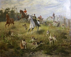 Fox in trouble - Landscape, Oil, Animal, Painting. Hunting scene. 19th century.