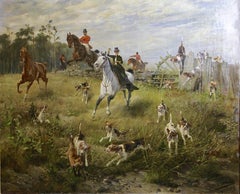 Fox in trouble - Landscape, Oil, Animal, Painting. Hunting scene. 19th century. 