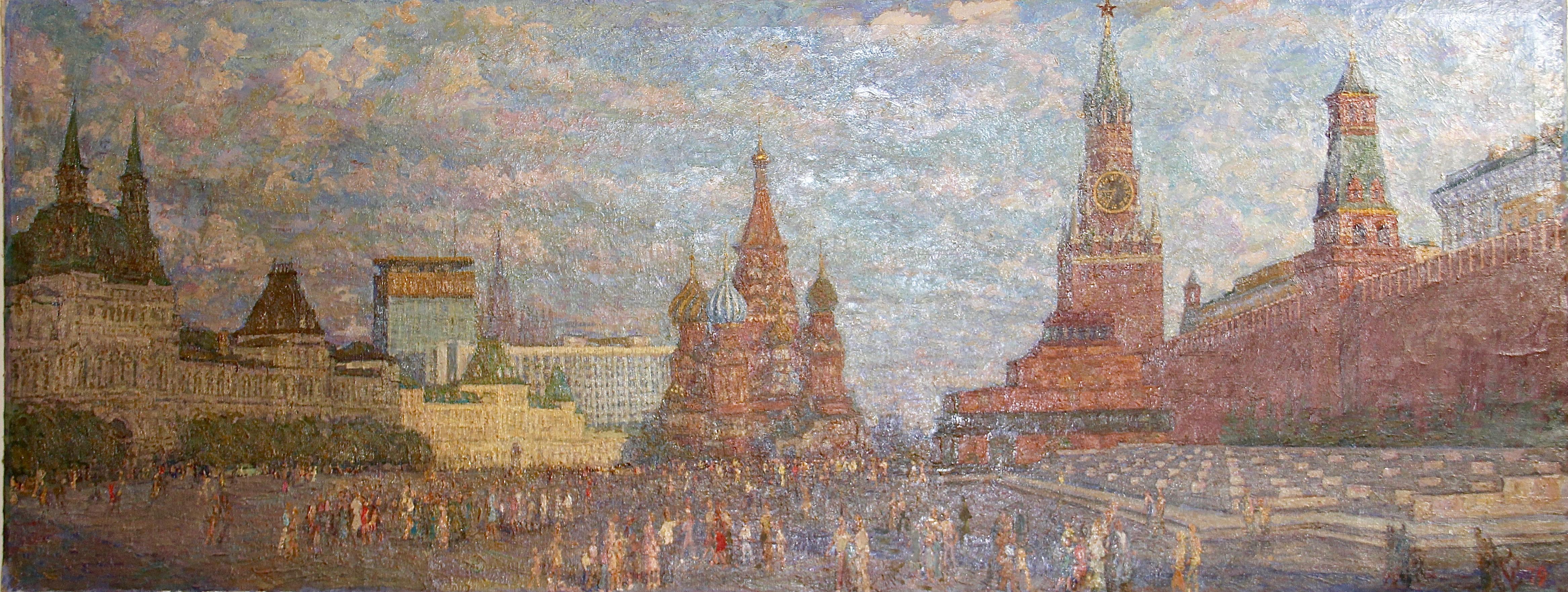 En la Plaza Roja, Kremlin, Moscú - Pintura realista, Paisaje, Siglo XX