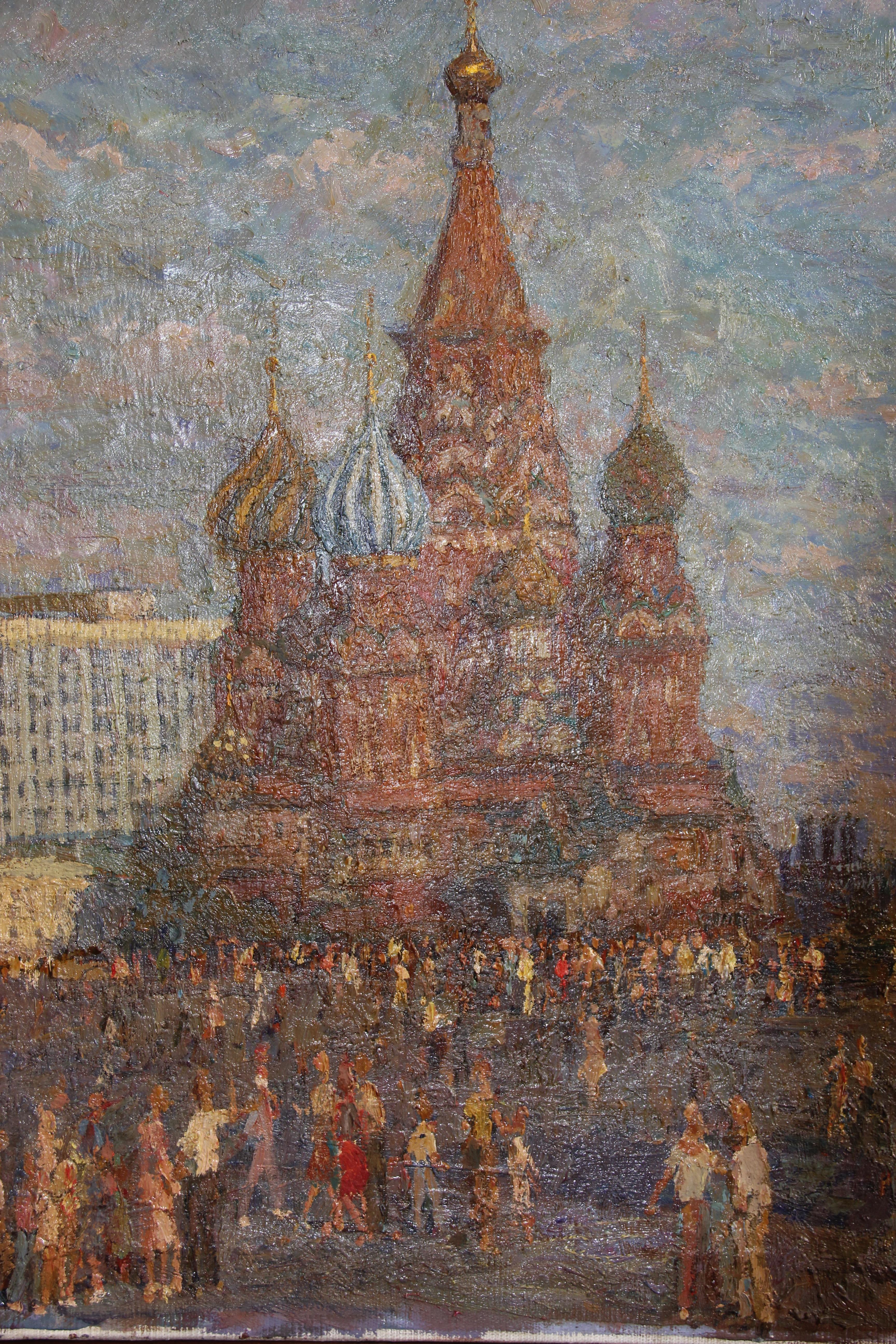 On the Red Square, Kremlin, Moscou - Peinture réaliste, paysage, 20e siècle - Marron Landscape Painting par Solovykh Gennady Ivanovich