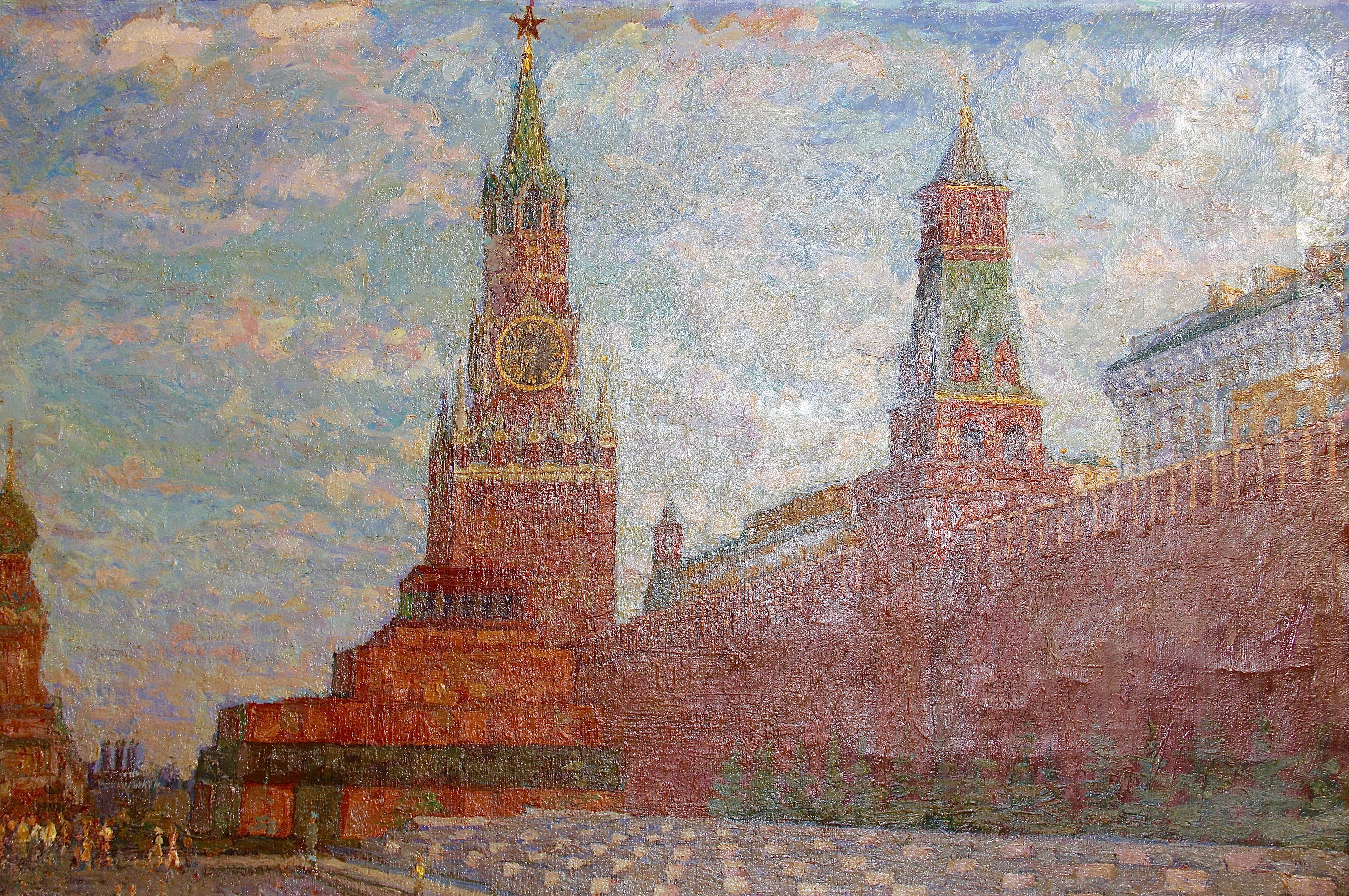 On the Red Square, Kremlin, Moscou - Peinture réaliste, paysage, 20e siècle en vente 1