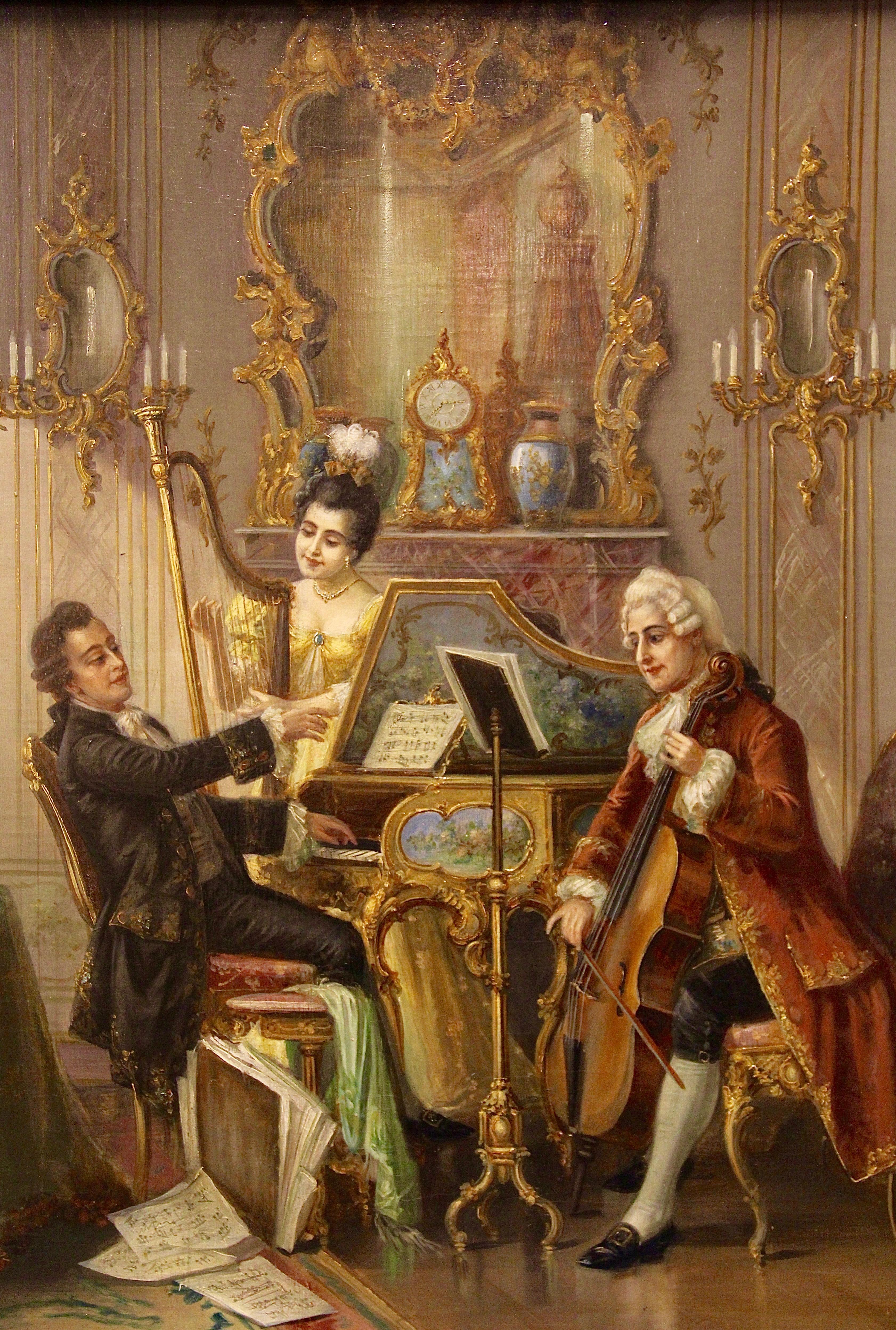 Beautiful, large and very decorative oil painting.
Oil on canvas. Signed lower left. H. Pinggera. (Heinz Pinggera)

Salon scene with playing trio and rich figures staffage in the costume of the Rococo.

The painting is very finely painted, down to