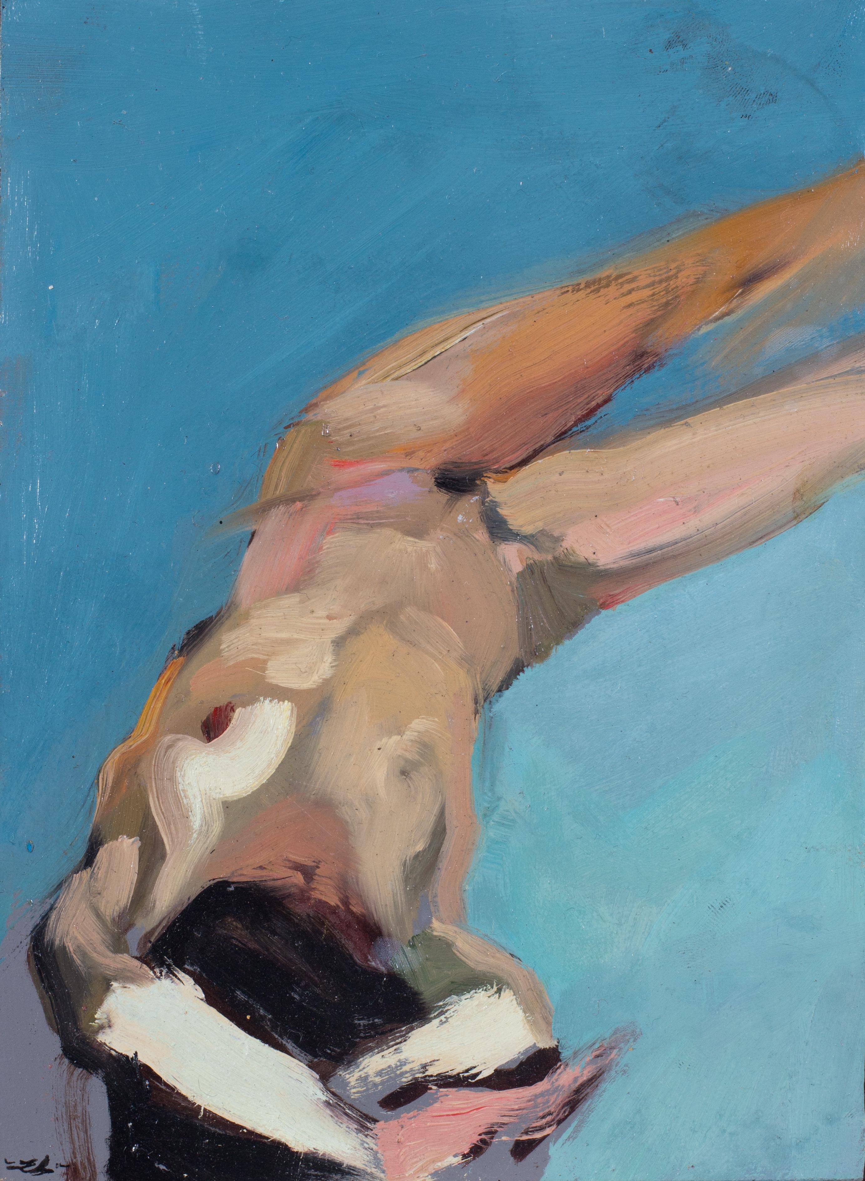 This small female nude study by Lamb is painted on block and shows the figure from above, her left arm resting behind her head and her body curving around to the right. Lamb captures the variant skin tones as the light picks up the left side of her