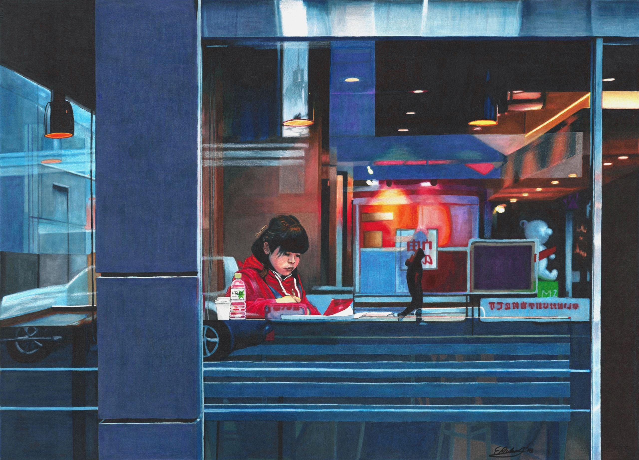 Erin Nicholls Landscape Art - Red Hoodie - Contemporary, 21st Century, Landscape Drawing, Watercolor, Japan