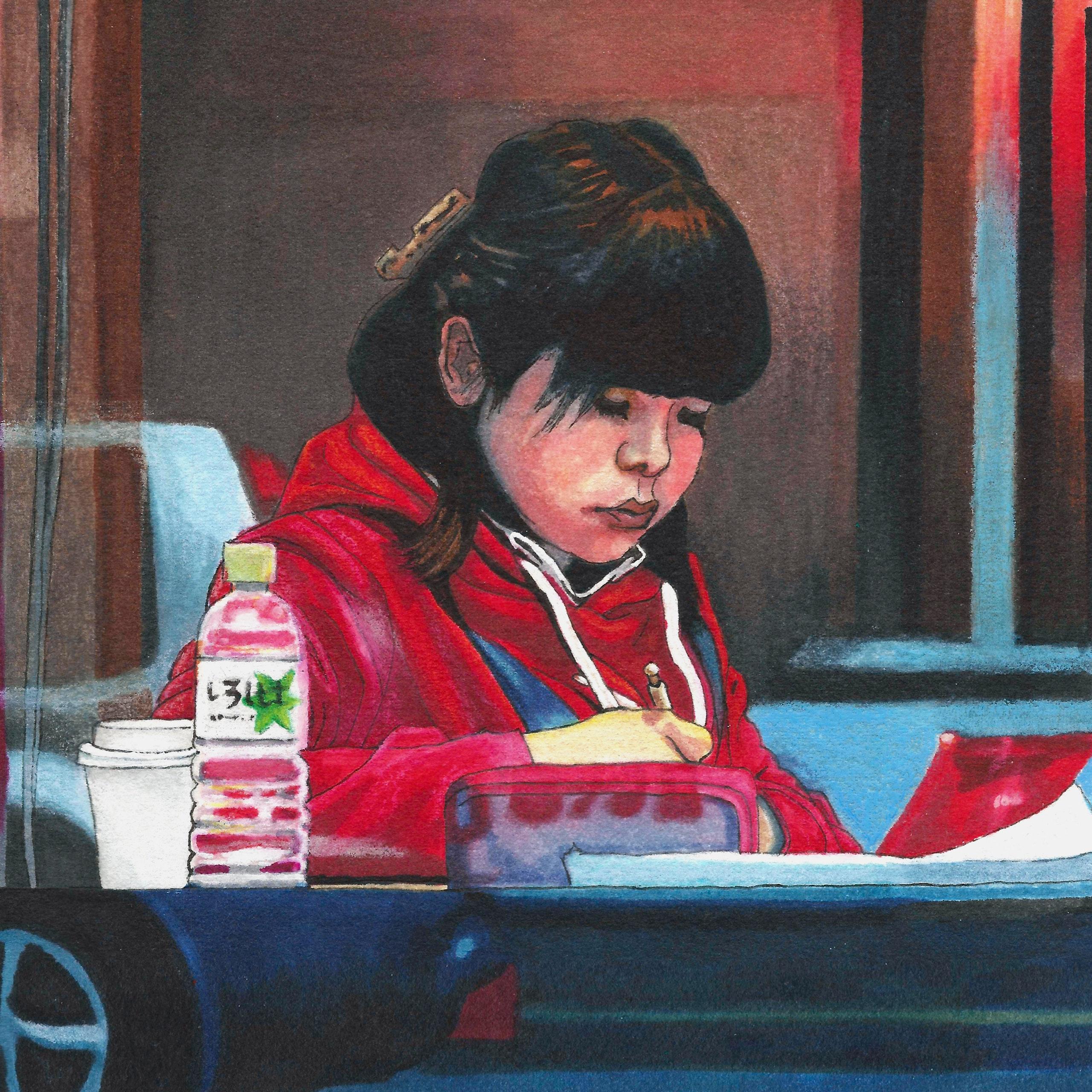 Red Hoodie - Contemporary, 21st Century, Landscape Drawing, Watercolor, Japan - Art by Erin Nicholls