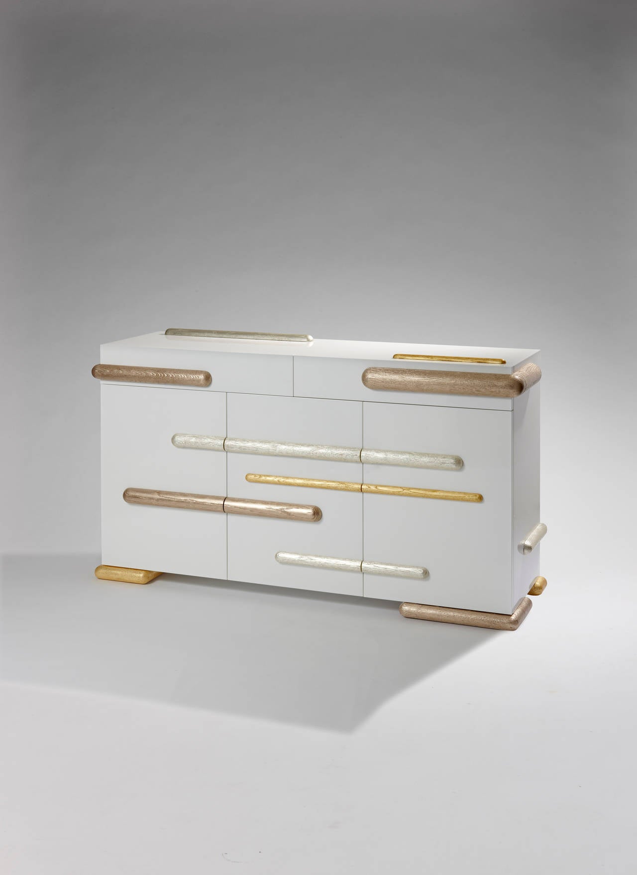 Gold Iliade Sideboard. Pearly enameled wood. Sanded oak Mattia Bonetti. In Excellent Condition For Sale In Paris, FR